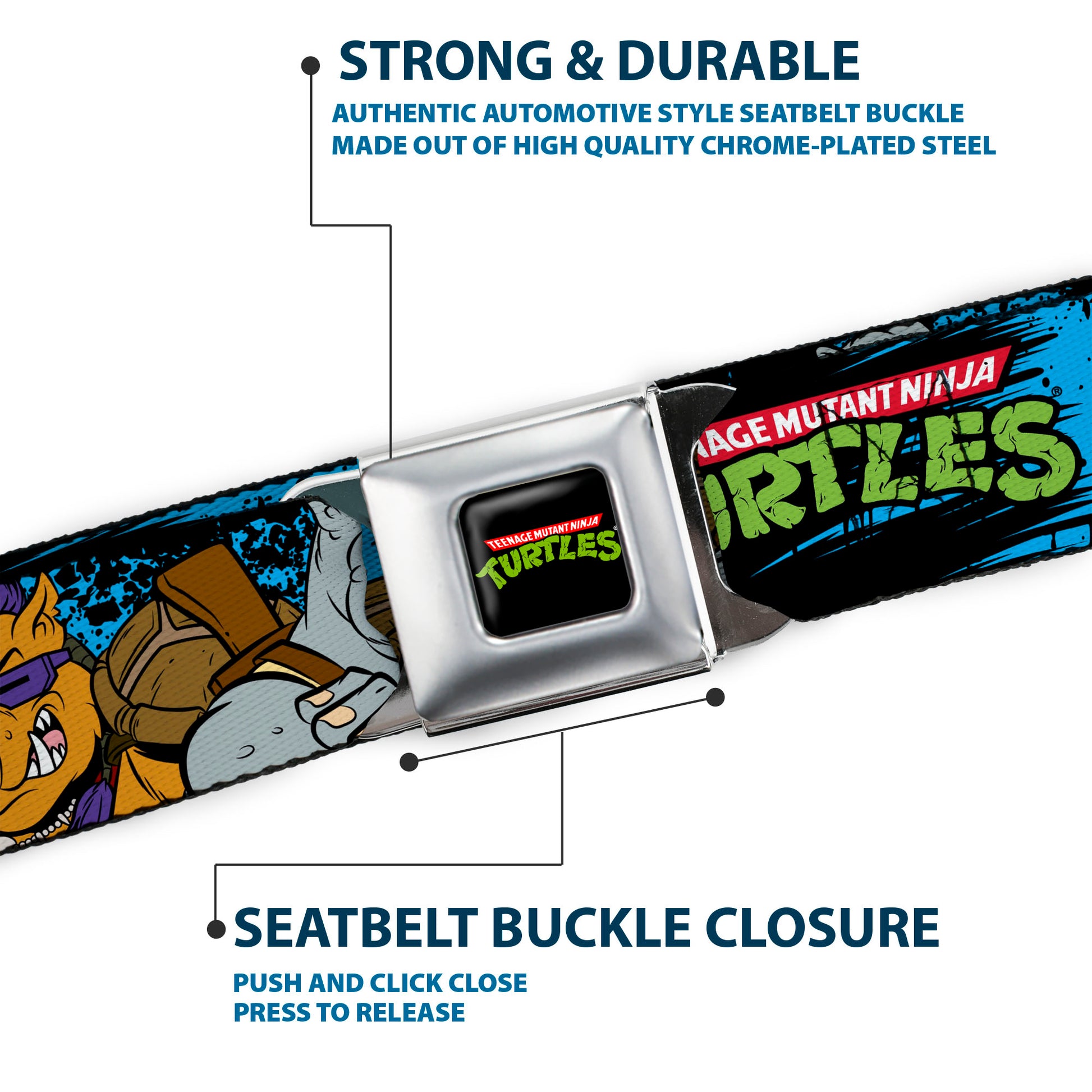 Classic TMNT Logo Full Color Seatbelt Belt - TMNT BEBOP AND ROCKSTEADY Back-to-Back Pose Splatter Blue/Black/Pink Webbing Seatbelt Belts Teenage Mutant Ninja Turtles