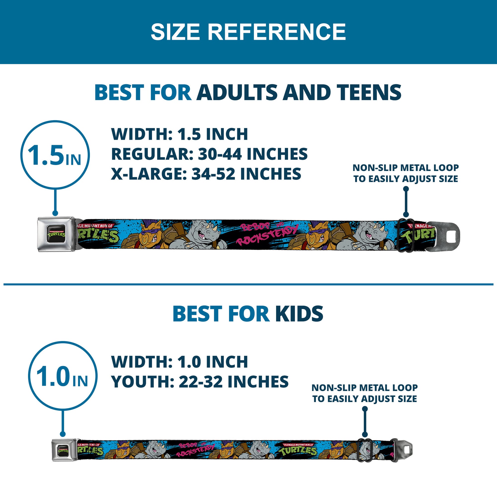 Classic TMNT Logo Full Color Seatbelt Belt - TMNT BEBOP AND ROCKSTEADY Back-to-Back Pose Splatter Blue/Black/Pink Webbing Seatbelt Belts Teenage Mutant Ninja Turtles