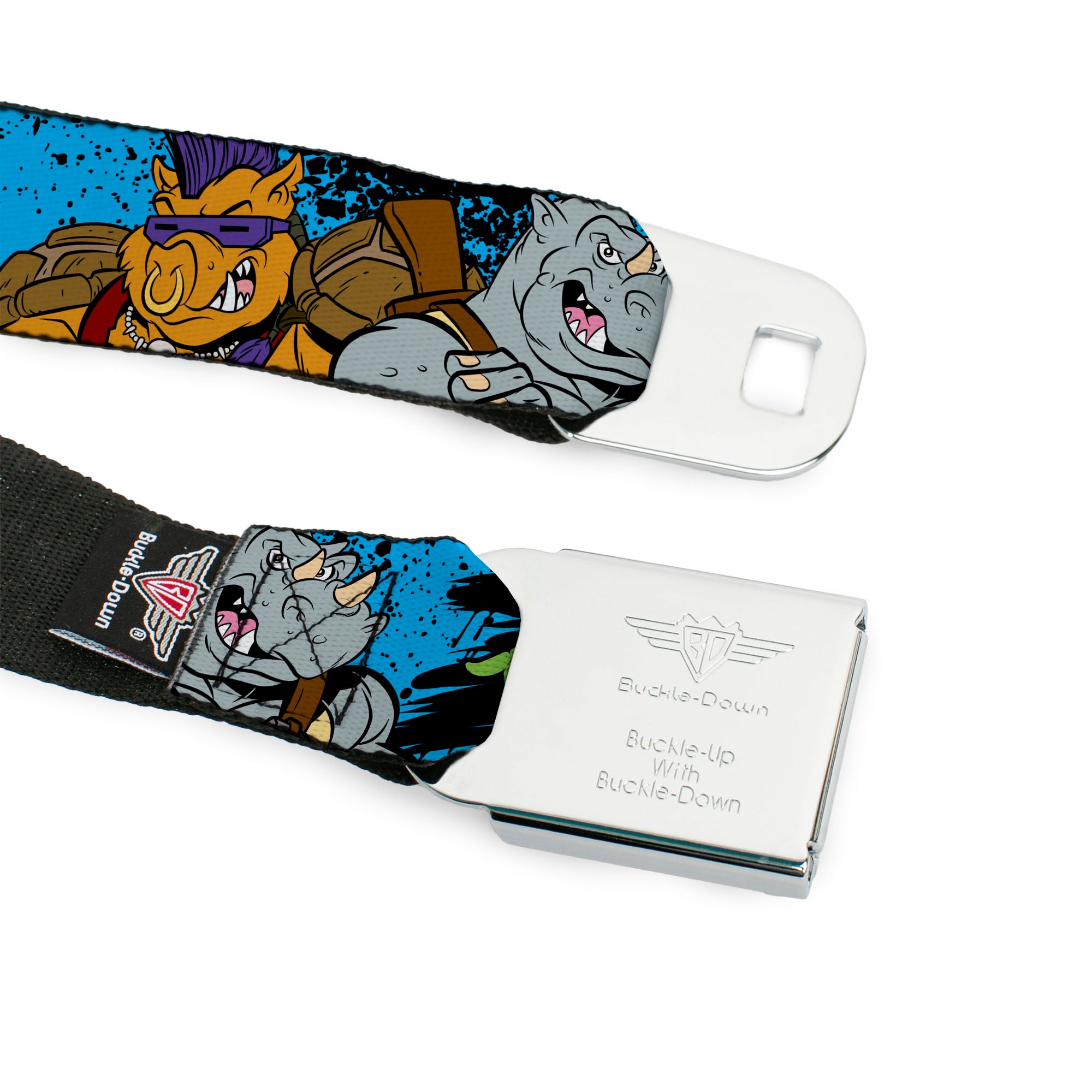Classic TMNT Logo Full Color Seatbelt Belt - TMNT BEBOP AND ROCKSTEADY Back-to-Back Pose Splatter Blue/Black/Pink Webbing Seatbelt Belts Teenage Mutant Ninja Turtles