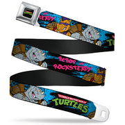 Classic TMNT Logo Full Color Seatbelt Belt - TMNT BEBOP AND ROCKSTEADY Back-to-Back Pose Splatter Blue/Black/Pink Webbing Seatbelt Belts Teenage Mutant Ninja Turtles