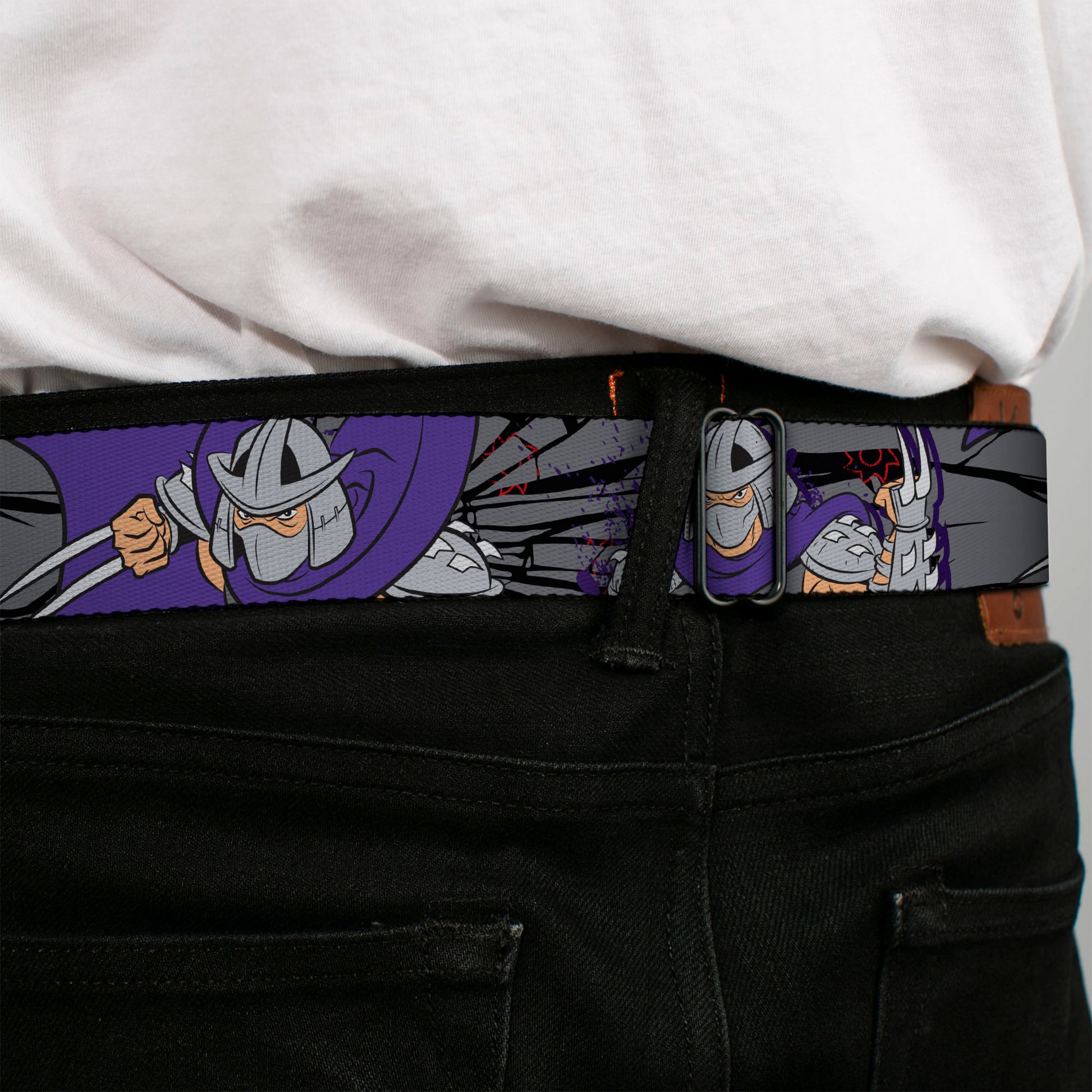Classic TMNT Logo Full Color Seatbelt Belt - Shredder 2-Action Poses Gray/Purple Webbing Seatbelt Belts Teenage Mutant Ninja Turtles