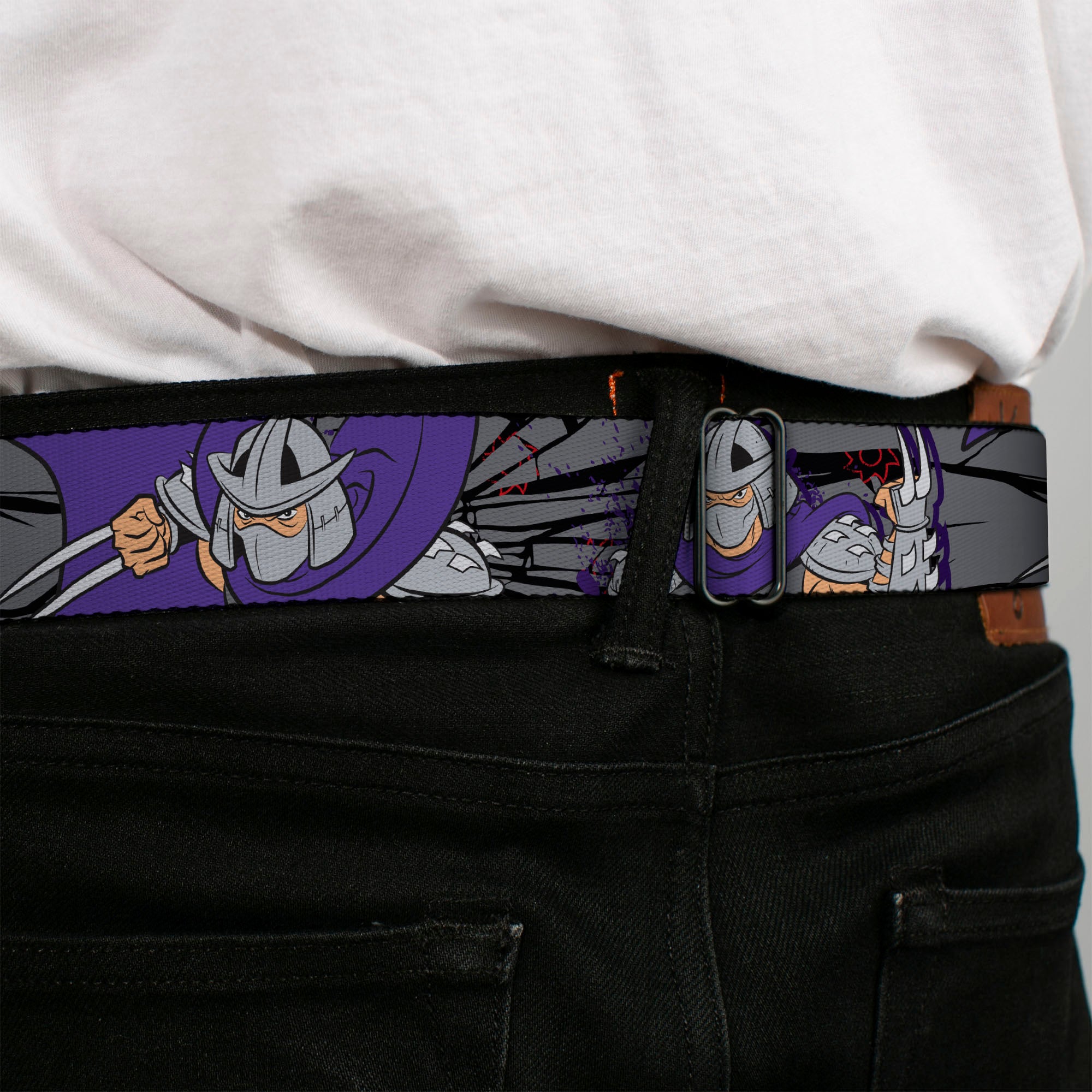 Classic TMNT Logo Full Color Seatbelt Belt - Shredder 2-Action Poses Gray/Purple Webbing Seatbelt Belts Teenage Mutant Ninja Turtles