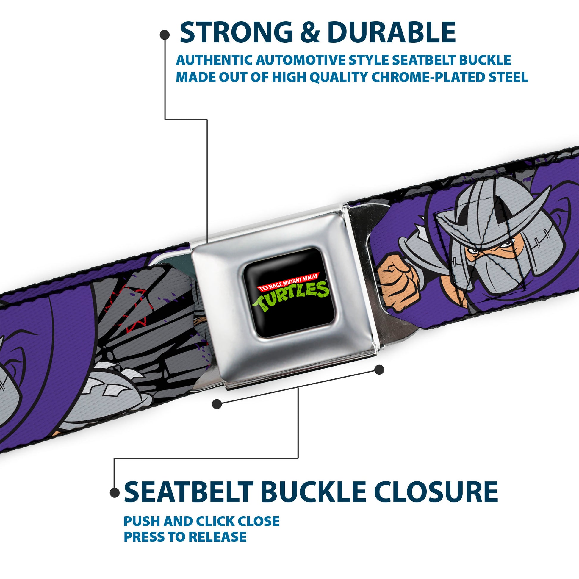Classic TMNT Logo Full Color Seatbelt Belt - Shredder 2-Action Poses Gray/Purple Webbing Seatbelt Belts Teenage Mutant Ninja Turtles