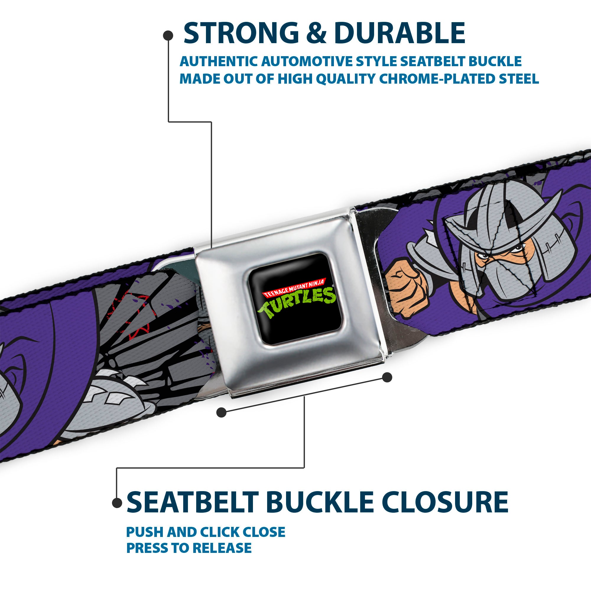 Classic TMNT Logo Full Color Seatbelt Belt - Shredder 2-Action Poses Gray/Purple Webbing Seatbelt Belts Teenage Mutant Ninja Turtles