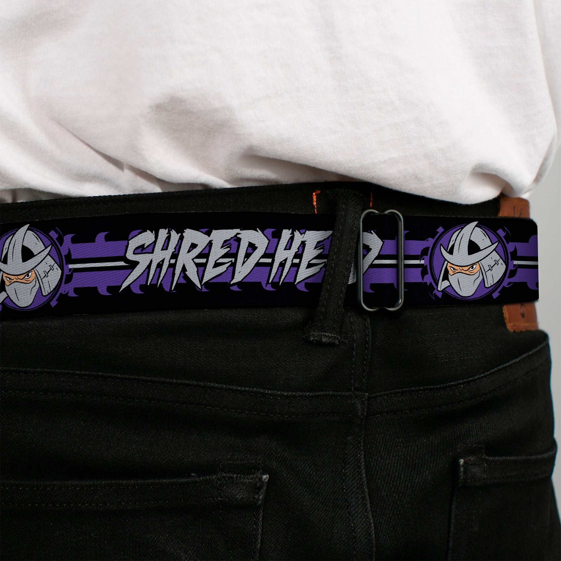 Classic TMNT Logo Full Color Seatbelt Belt - Shredder Head SHRED HEAD/Stripe Black/Purple/Gray Webbing Seatbelt Belts Teenage Mutant Ninja Turtles
