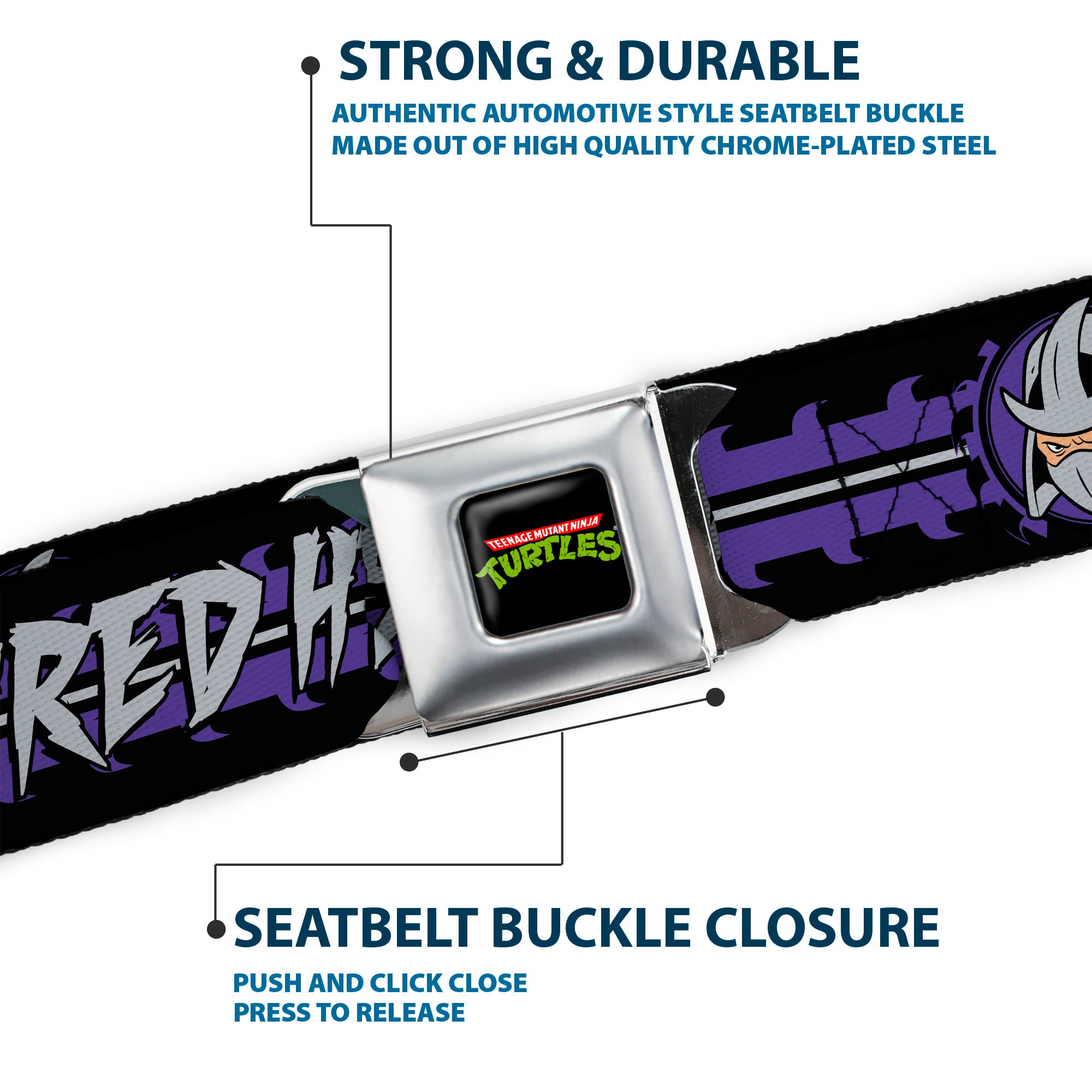 Classic TMNT Logo Full Color Seatbelt Belt - Shredder Head SHRED HEAD/Stripe Black/Purple/Gray Webbing Seatbelt Belts Teenage Mutant Ninja Turtles