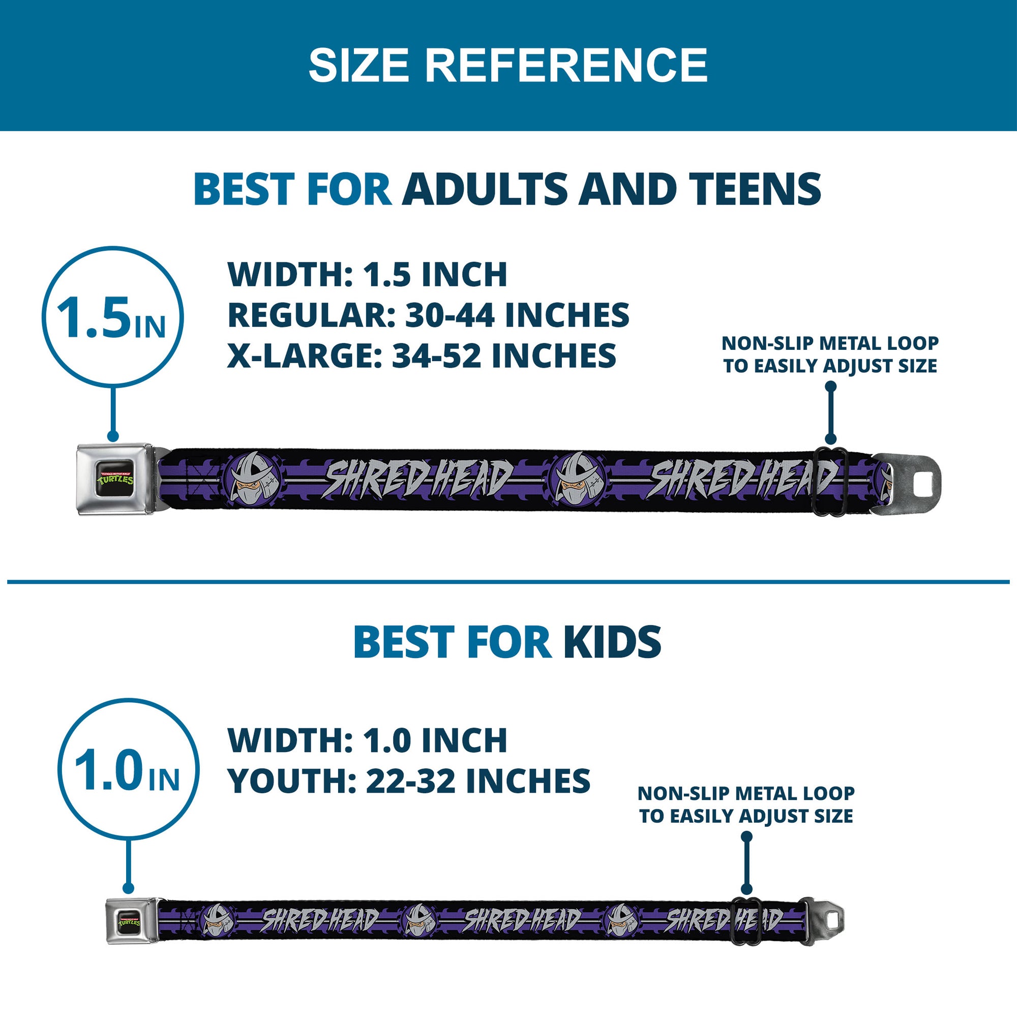 Classic TMNT Logo Full Color Seatbelt Belt - Shredder Head SHRED HEAD/Stripe Black/Purple/Gray Webbing Seatbelt Belts Teenage Mutant Ninja Turtles