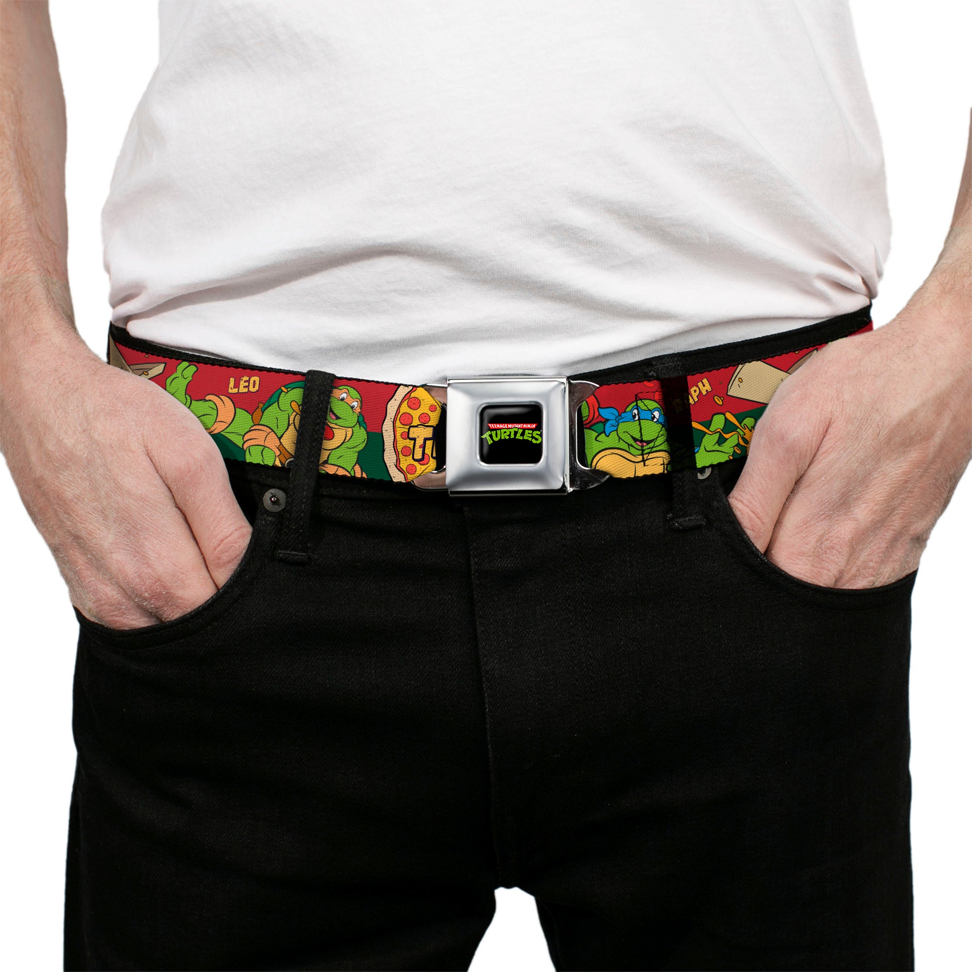 Classic TMNT Logo Full Color Seatbelt Belt - Classic TMNT 4-Turtles Pizza Party Stripe Red/Green Webbing Seatbelt Belts Teenage Mutant Ninja Turtles