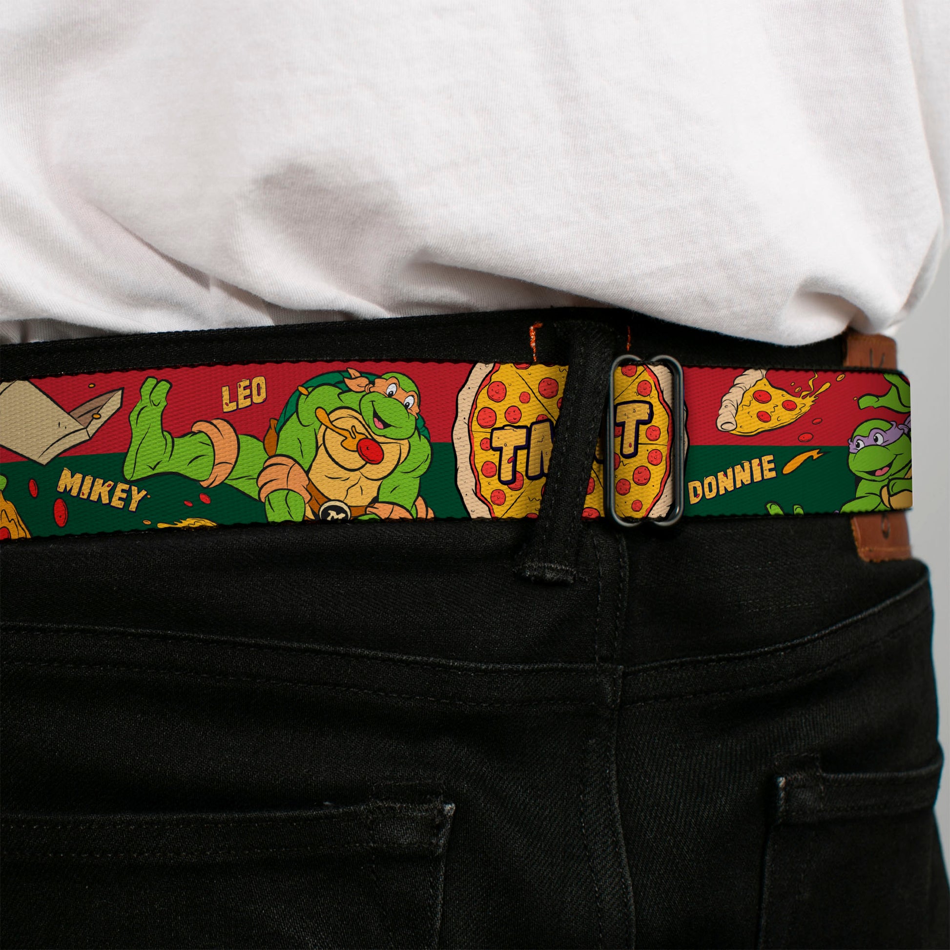 Classic TMNT Logo Full Color Seatbelt Belt - Classic TMNT 4-Turtles Pizza Party Stripe Red/Green Webbing Seatbelt Belts Teenage Mutant Ninja Turtles