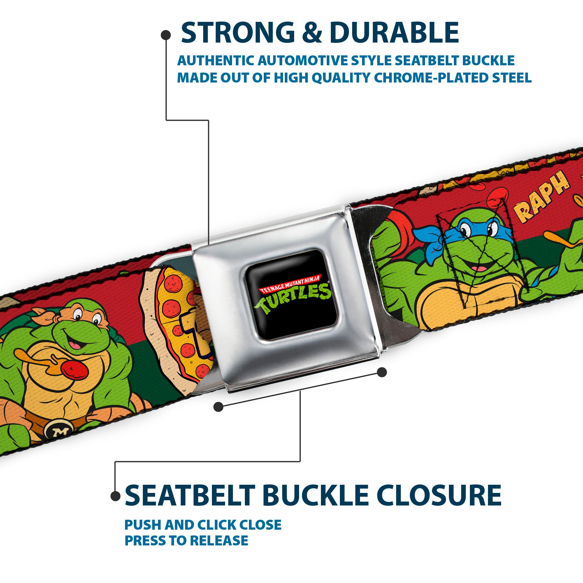 Classic TMNT Logo Full Color Seatbelt Belt - Classic TMNT 4-Turtles Pizza Party Stripe Red/Green Webbing Seatbelt Belts Teenage Mutant Ninja Turtles