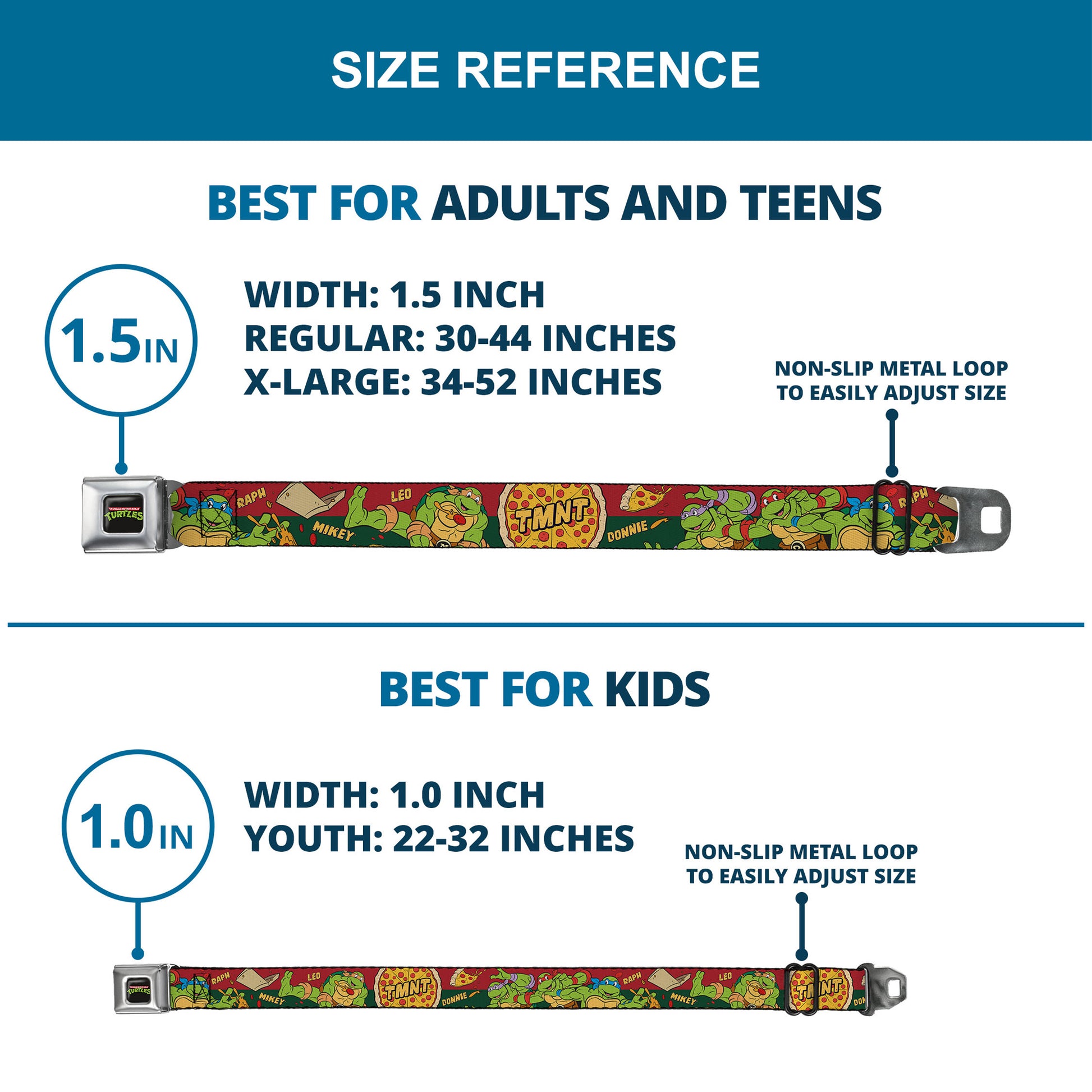 Classic TMNT Logo Full Color Seatbelt Belt - Classic TMNT 4-Turtles Pizza Party Stripe Red/Green Webbing Seatbelt Belts Teenage Mutant Ninja Turtles