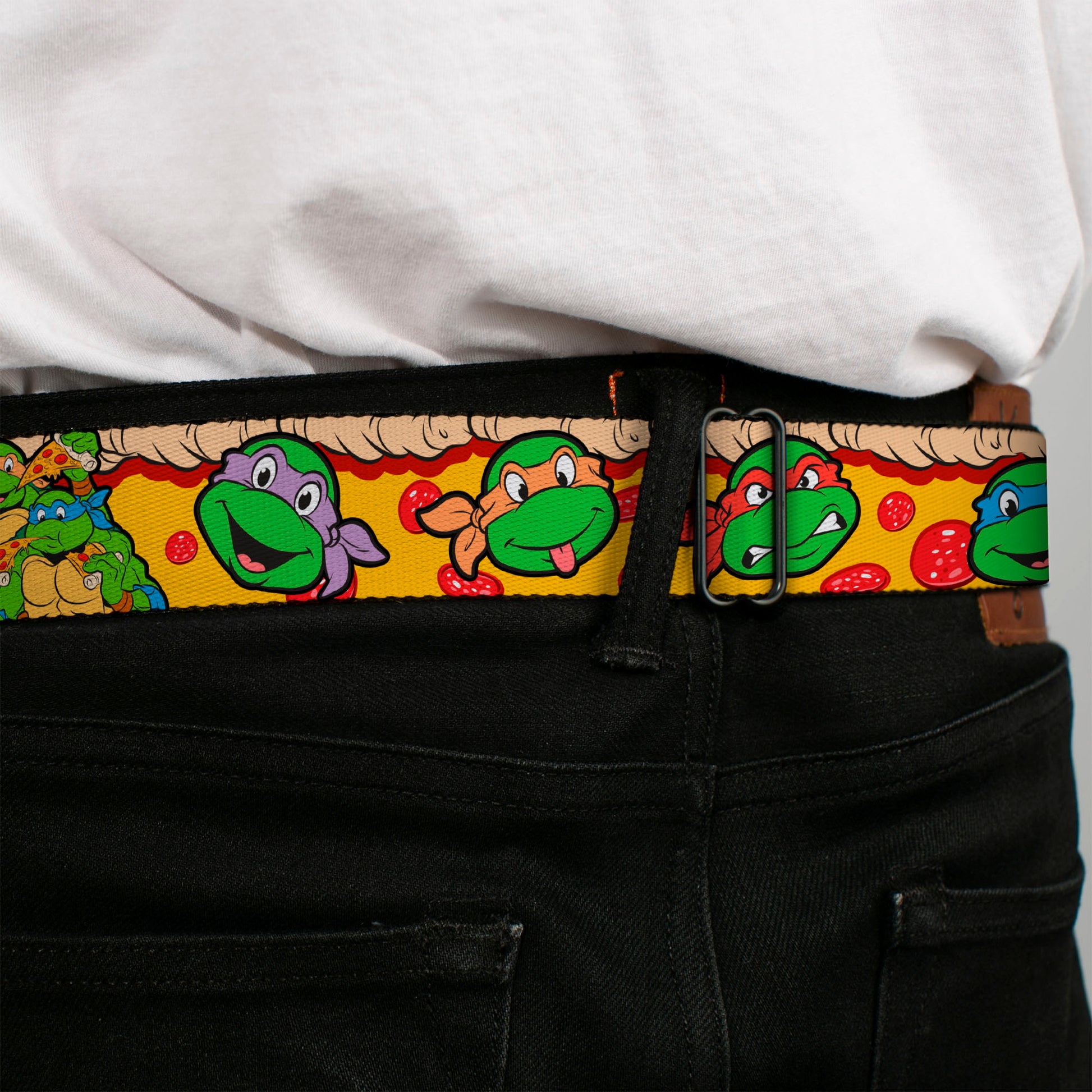 Classic TMNT Logo Full Color Seatbelt Belt - Classic Teenage Mutant Ninja Turtles 4-Turtle Faces Pepperoni Pizza/Turtles Pose16 Webbing Seatbelt Belts Teenage Mutant Ninja Turtles