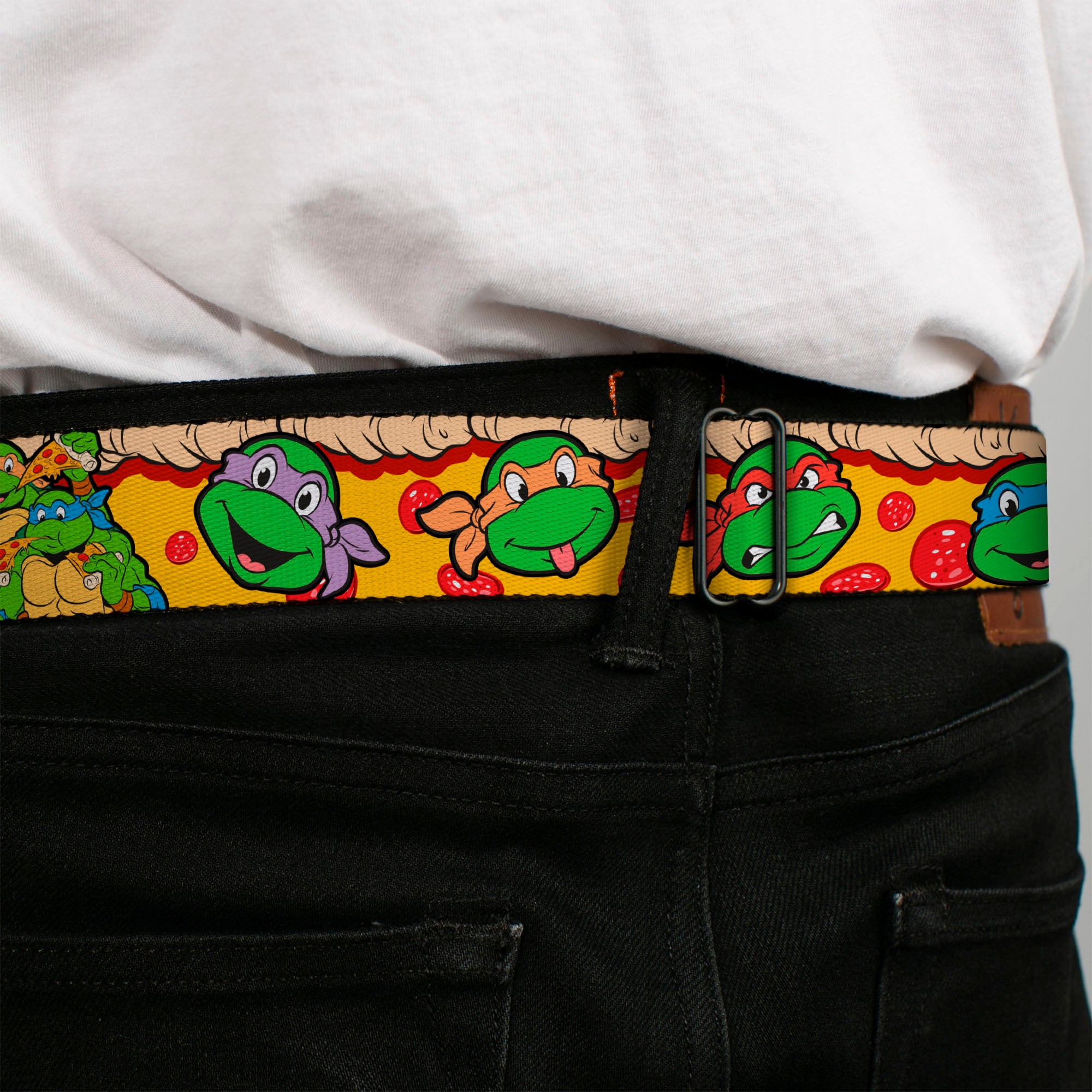 Classic TMNT Logo Full Color Seatbelt Belt - Classic Teenage Mutant Ninja Turtles 4-Turtle Faces Pepperoni Pizza/Turtles Pose16 Webbing Seatbelt Belts Teenage Mutant Ninja Turtles