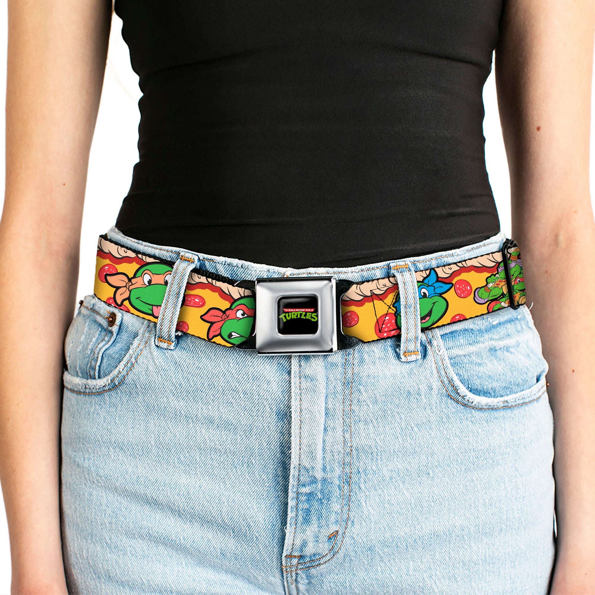 Classic TMNT Logo Full Color Seatbelt Belt - Classic Teenage Mutant Ninja Turtles 4-Turtle Faces Pepperoni Pizza/Turtles Pose16 Webbing Seatbelt Belts Teenage Mutant Ninja Turtles