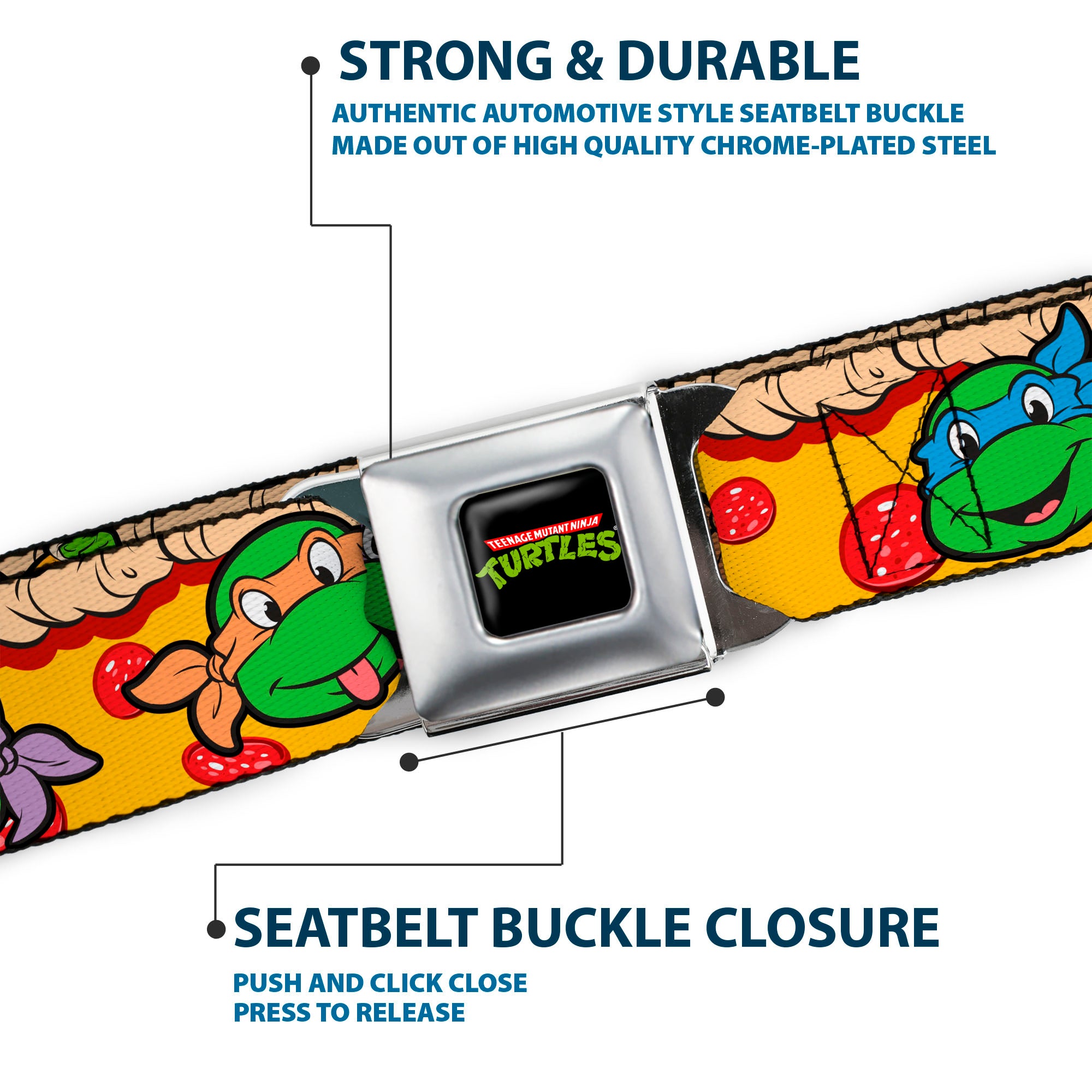 Classic TMNT Logo Full Color Seatbelt Belt - Classic Teenage Mutant Ninja Turtles 4-Turtle Faces Pepperoni Pizza/Turtles Pose16 Webbing Seatbelt Belts Teenage Mutant Ninja Turtles