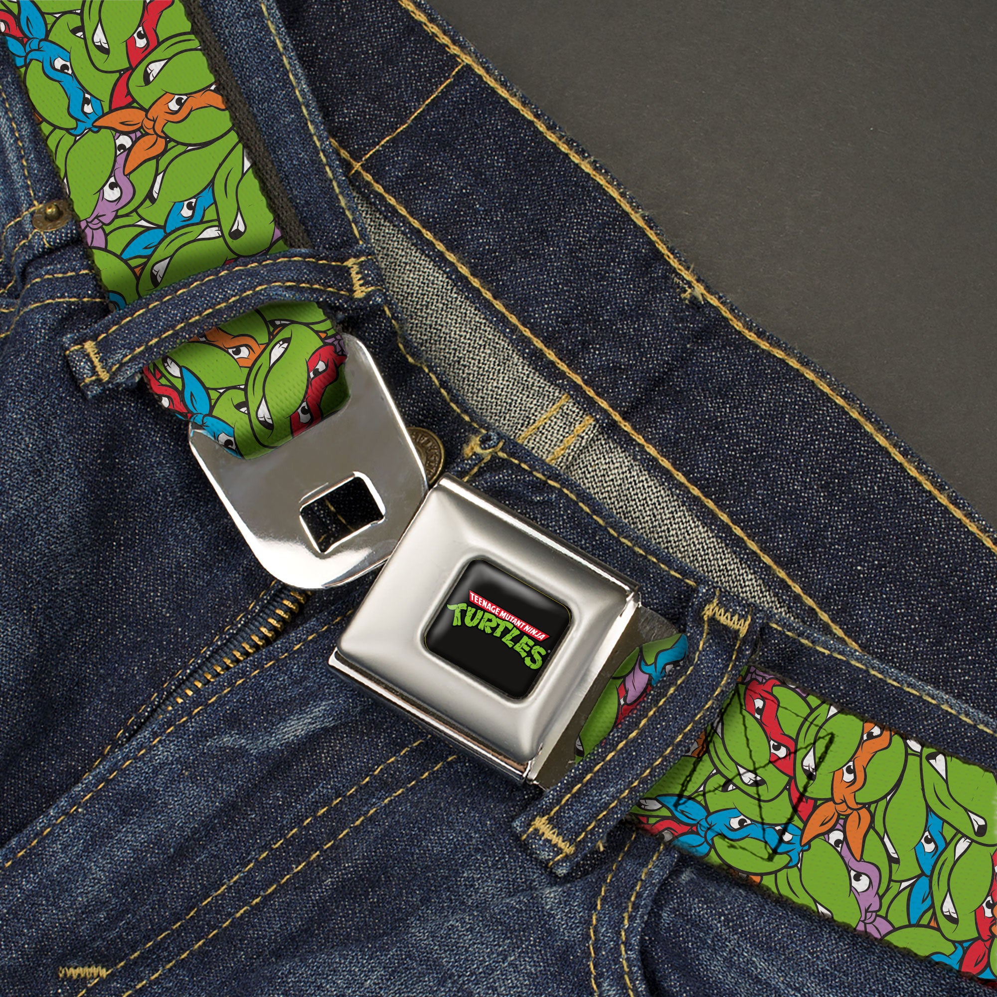 Classic TEENAGE MUTANT NINJA TURTLES Logo Seatbelt Belt - Teenage Mutant Ninja Turtles Faces Stacked Green/Multi Color Webbing Seatbelt Belts Teenage Mutant Ninja Turtles