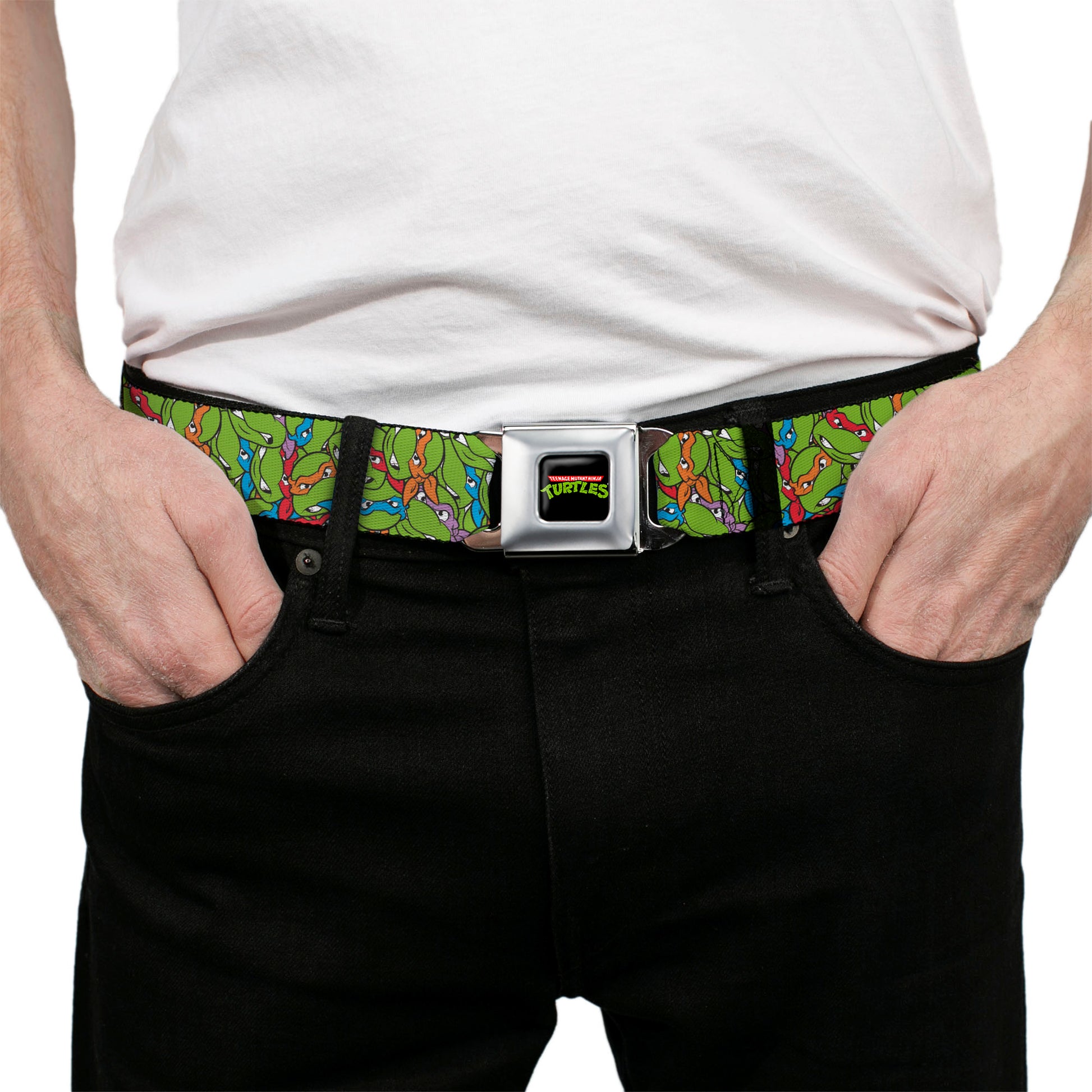 Classic TEENAGE MUTANT NINJA TURTLES Logo Seatbelt Belt - Teenage Mutant Ninja Turtles Faces Stacked Green/Multi Color Webbing Seatbelt Belts Teenage Mutant Ninja Turtles