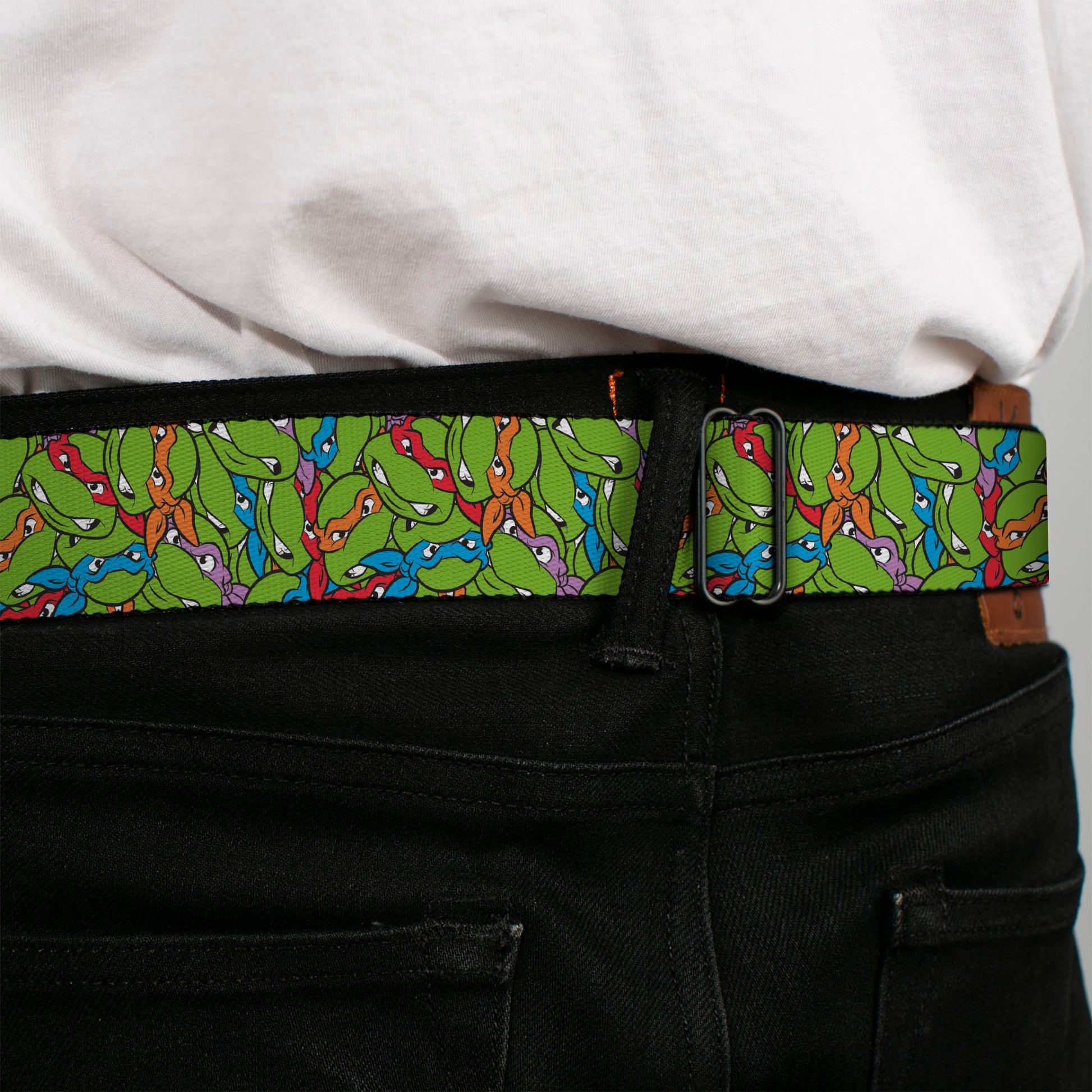 Classic TEENAGE MUTANT NINJA TURTLES Logo Seatbelt Belt - Teenage Mutant Ninja Turtles Faces Stacked Green/Multi Color Webbing Seatbelt Belts Teenage Mutant Ninja Turtles