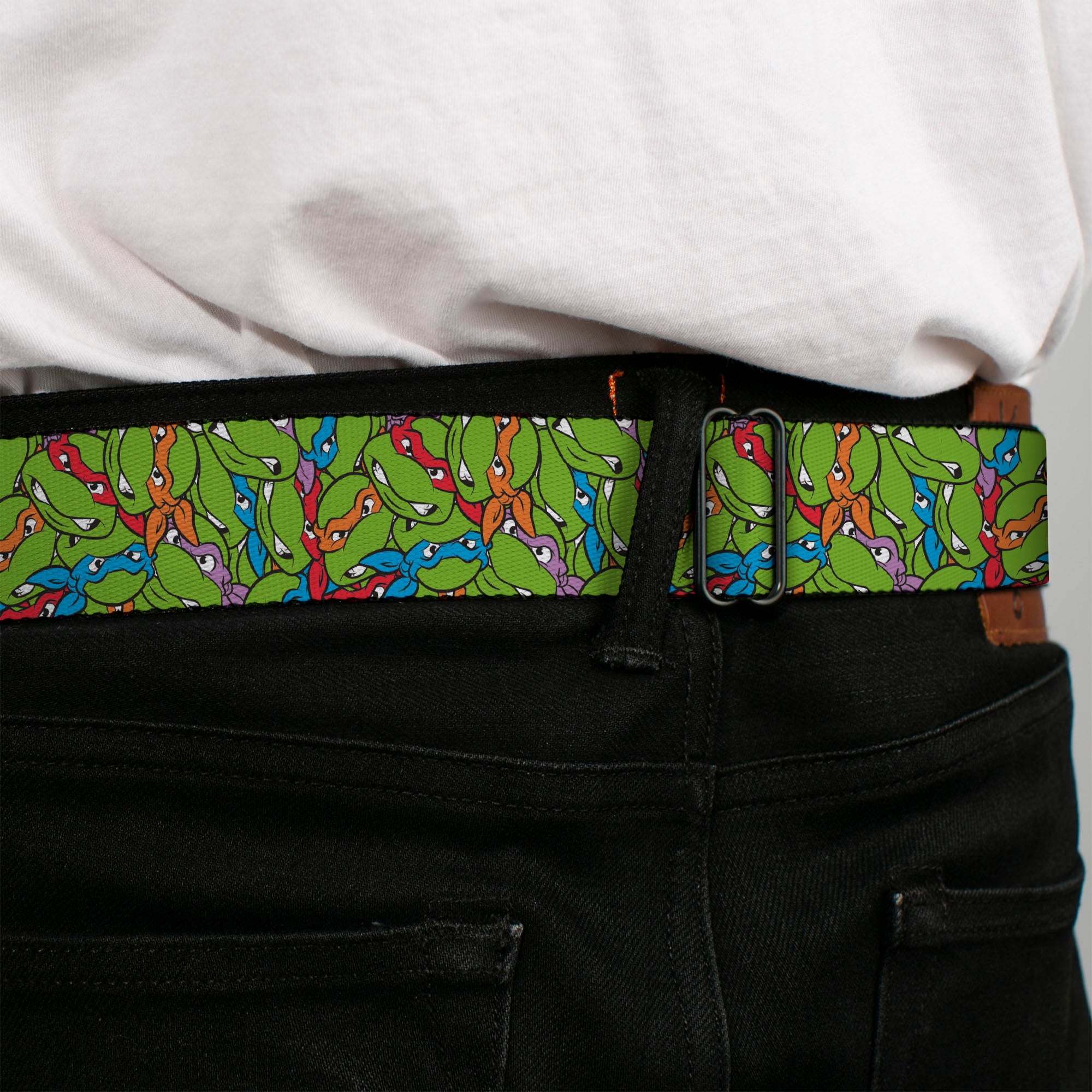 Classic TEENAGE MUTANT NINJA TURTLES Logo Seatbelt Belt - Teenage Mutant Ninja Turtles Faces Stacked Green/Multi Color Webbing Seatbelt Belts Teenage Mutant Ninja Turtles