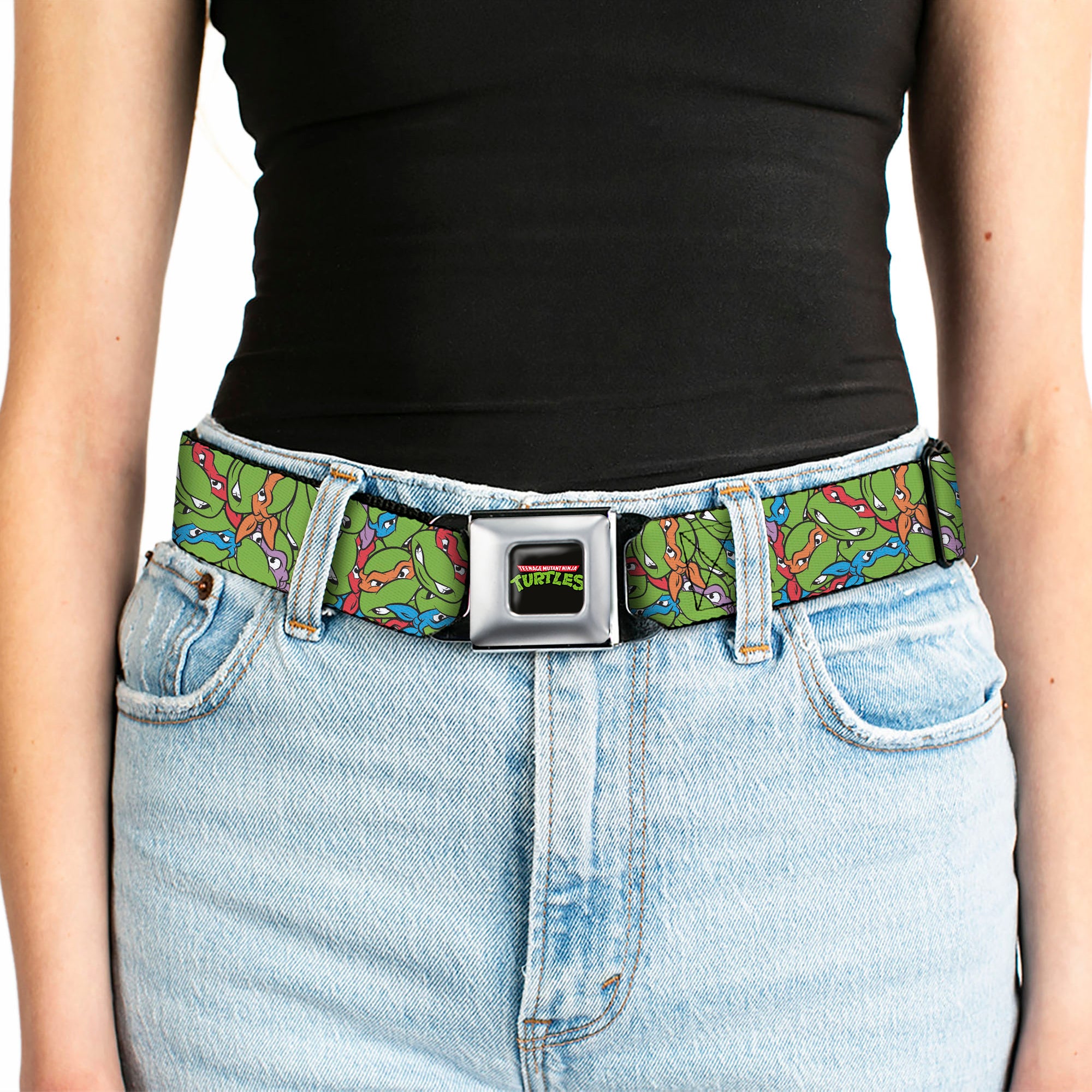 Classic TEENAGE MUTANT NINJA TURTLES Logo Seatbelt Belt - Teenage Mutant Ninja Turtles Faces Stacked Green/Multi Color Webbing Seatbelt Belts Teenage Mutant Ninja Turtles