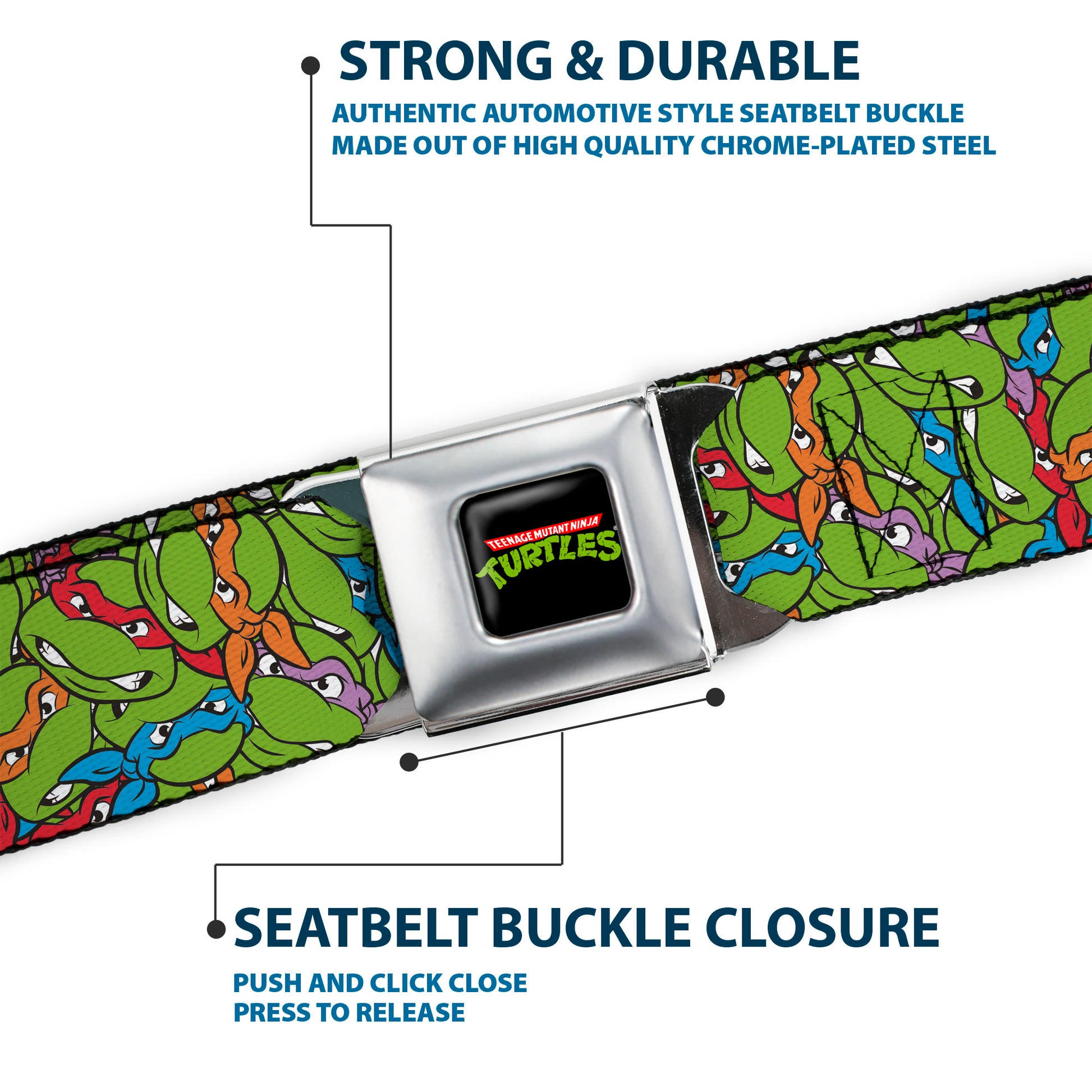 Classic TEENAGE MUTANT NINJA TURTLES Logo Seatbelt Belt - Teenage Mutant Ninja Turtles Faces Stacked Green/Multi Color Webbing Seatbelt Belts Teenage Mutant Ninja Turtles