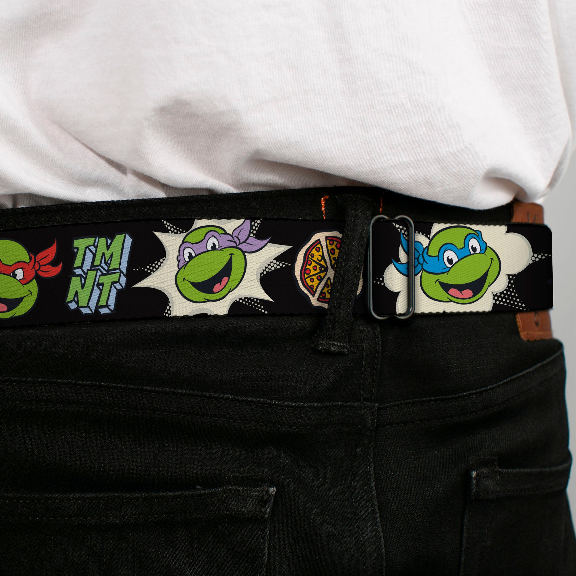 Classic TEENAGE MUTANT NINJA TURTLES Logo Seatbelt Belt - Teenage Mutant Ninja Turtles Faces and Icons Black/Multi Color Webbing Seatbelt Belts Teenage Mutant Ninja Turtles