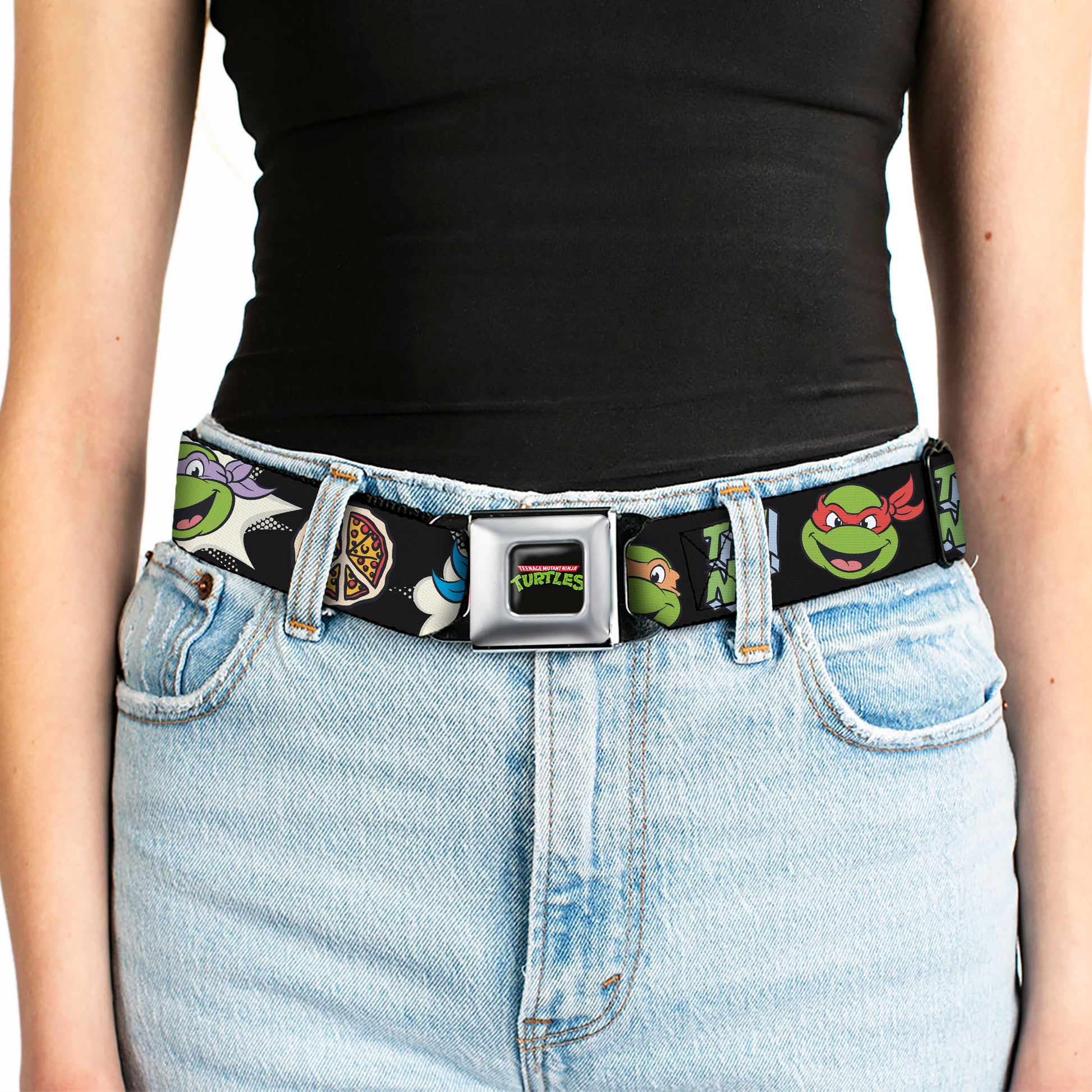 Classic TEENAGE MUTANT NINJA TURTLES Logo Seatbelt Belt - Teenage Mutant Ninja Turtles Faces and Icons Black/Multi Color Webbing Seatbelt Belts Teenage Mutant Ninja Turtles