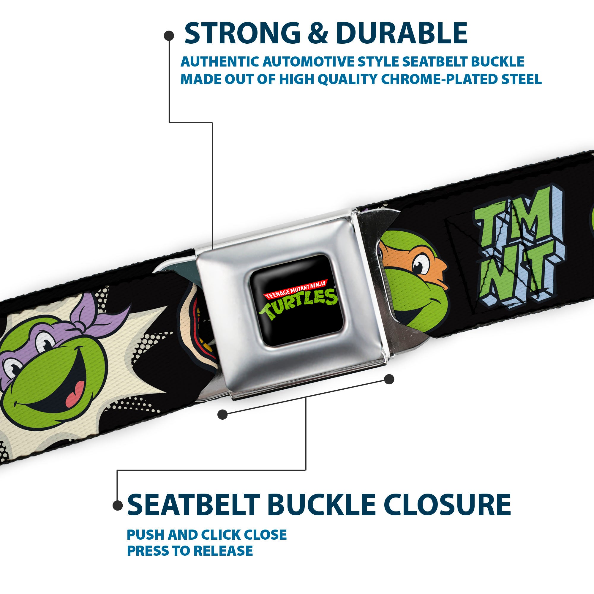 Classic TEENAGE MUTANT NINJA TURTLES Logo Seatbelt Belt - Teenage Mutant Ninja Turtles Faces and Icons Black/Multi Color Webbing Seatbelt Belts Teenage Mutant Ninja Turtles
