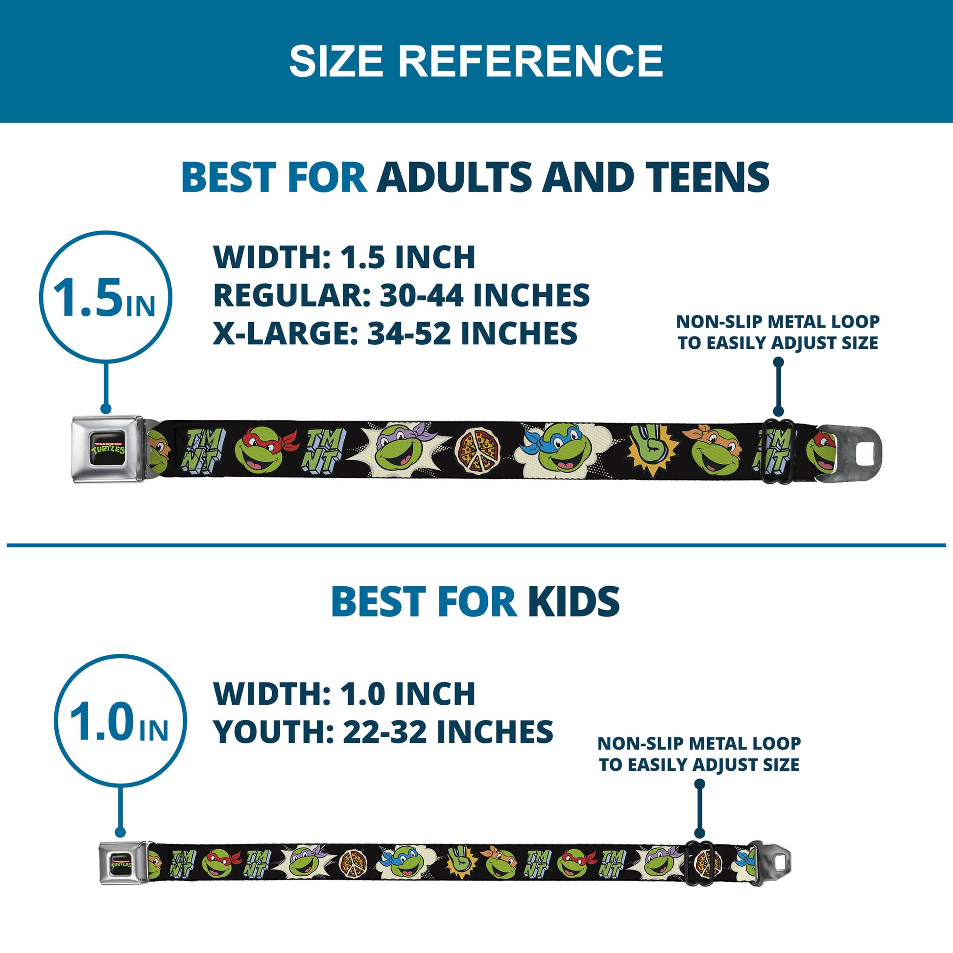 Classic TEENAGE MUTANT NINJA TURTLES Logo Seatbelt Belt - Teenage Mutant Ninja Turtles Faces and Icons Black/Multi Color Webbing Seatbelt Belts Teenage Mutant Ninja Turtles