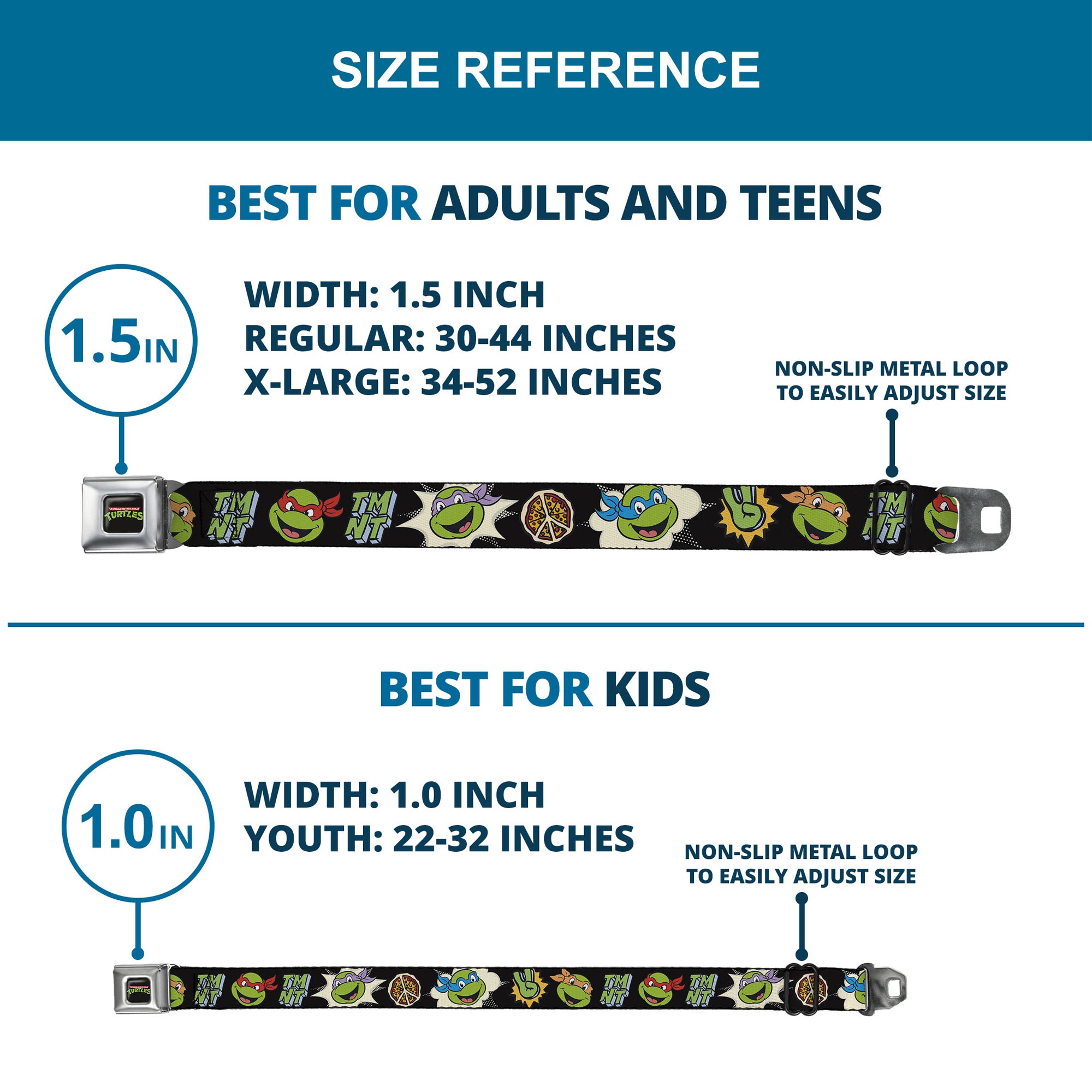 Classic TEENAGE MUTANT NINJA TURTLES Logo Seatbelt Belt - Teenage Mutant Ninja Turtles Faces and Icons Black/Multi Color Webbing Seatbelt Belts Teenage Mutant Ninja Turtles