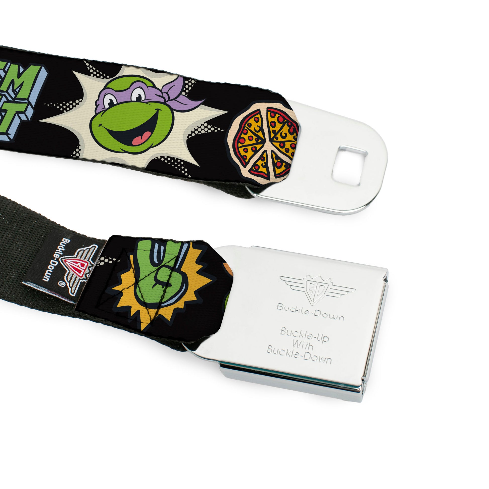 Classic TEENAGE MUTANT NINJA TURTLES Logo Seatbelt Belt - Teenage Mutant Ninja Turtles Faces and Icons Black/Multi Color Webbing Seatbelt Belts Teenage Mutant Ninja Turtles