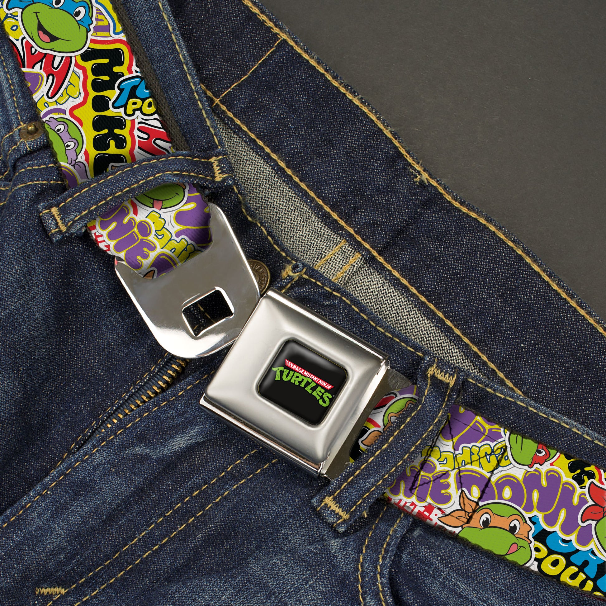 Classic TEENAGE MUTANT NINJA TURTLES Logo Seatbelt Belt - Teenage Mutant Ninja Turtles Sticker Slaps Collage White/Multi Color Webbing Seatbelt Belts Teenage Mutant Ninja Turtles