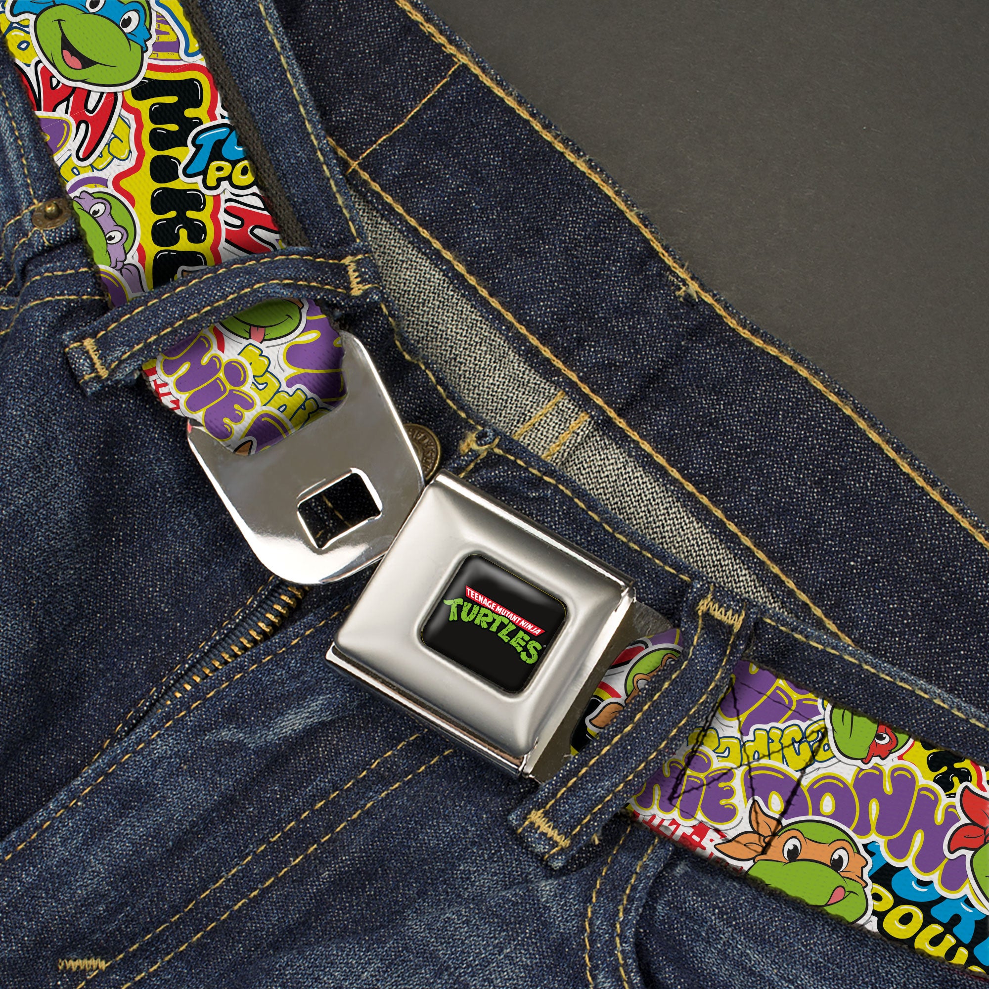 Classic TEENAGE MUTANT NINJA TURTLES Logo Seatbelt Belt - Teenage Mutant Ninja Turtles Sticker Slaps Collage White/Multi Color Webbing Seatbelt Belts Teenage Mutant Ninja Turtles
