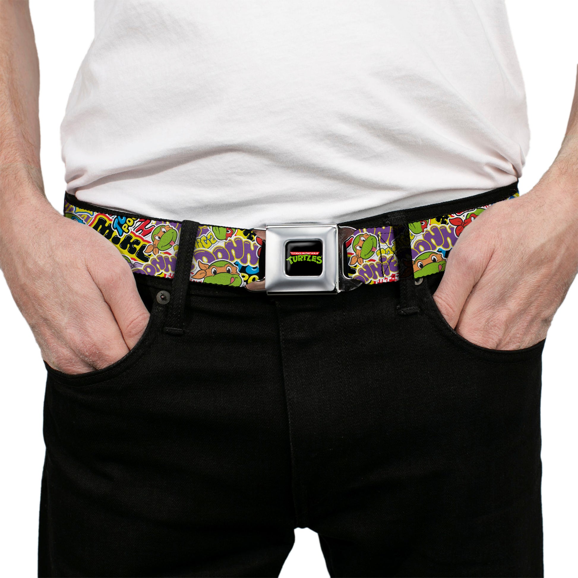 Classic TEENAGE MUTANT NINJA TURTLES Logo Seatbelt Belt - Teenage Mutant Ninja Turtles Sticker Slaps Collage White/Multi Color Webbing Seatbelt Belts Teenage Mutant Ninja Turtles