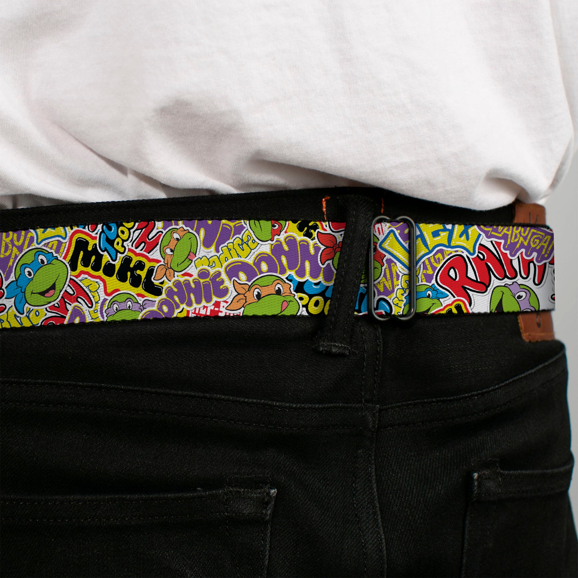 Classic TEENAGE MUTANT NINJA TURTLES Logo Seatbelt Belt - Teenage Mutant Ninja Turtles Sticker Slaps Collage White/Multi Color Webbing Seatbelt Belts Teenage Mutant Ninja Turtles