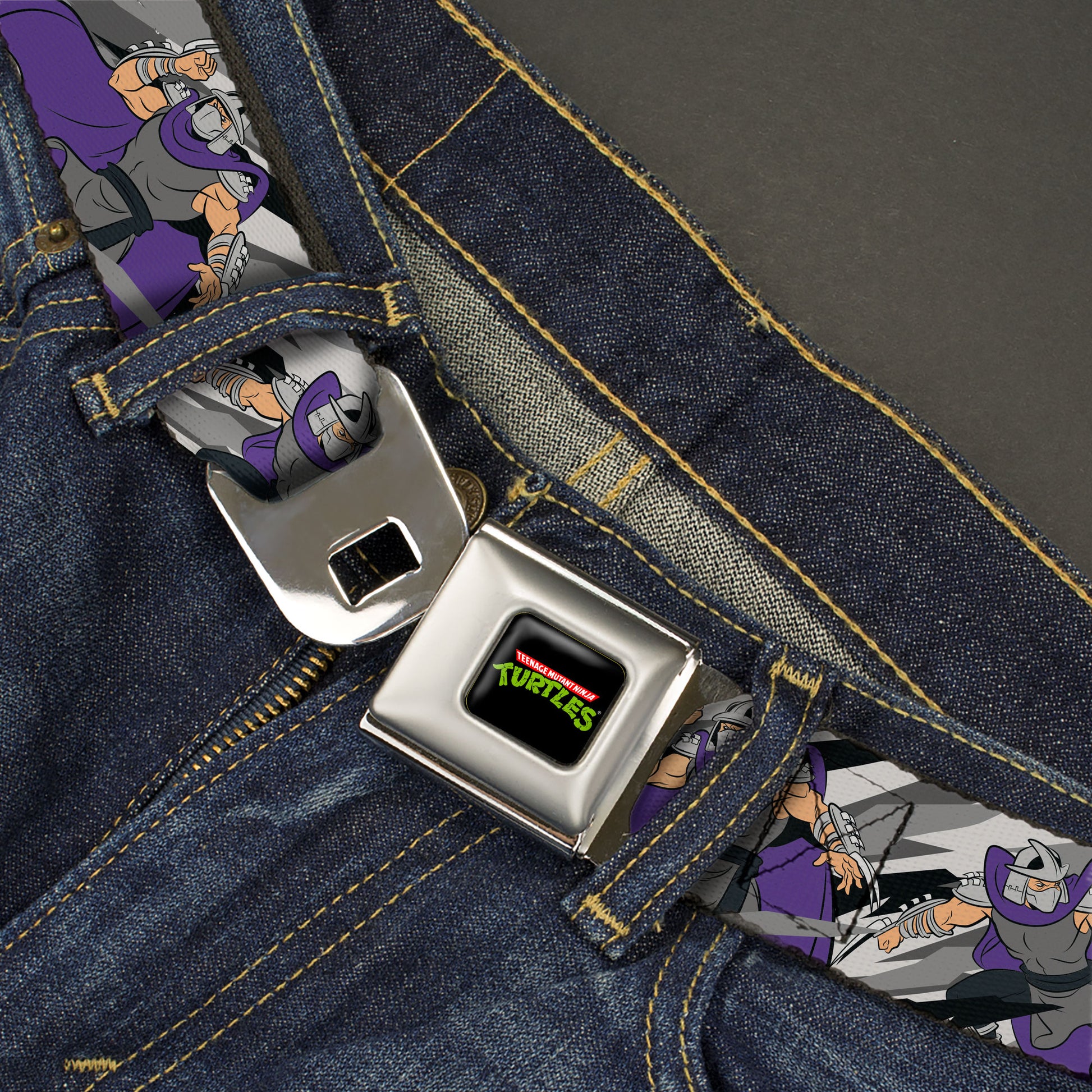 Classic TMNT Logo Full Color Seatbelt Belt - Teenage Mutant Ninja Turtles Shredder Action Poses Grays/Purple Webbing Seatbelt Belts Teenage Mutant Ninja Turtles