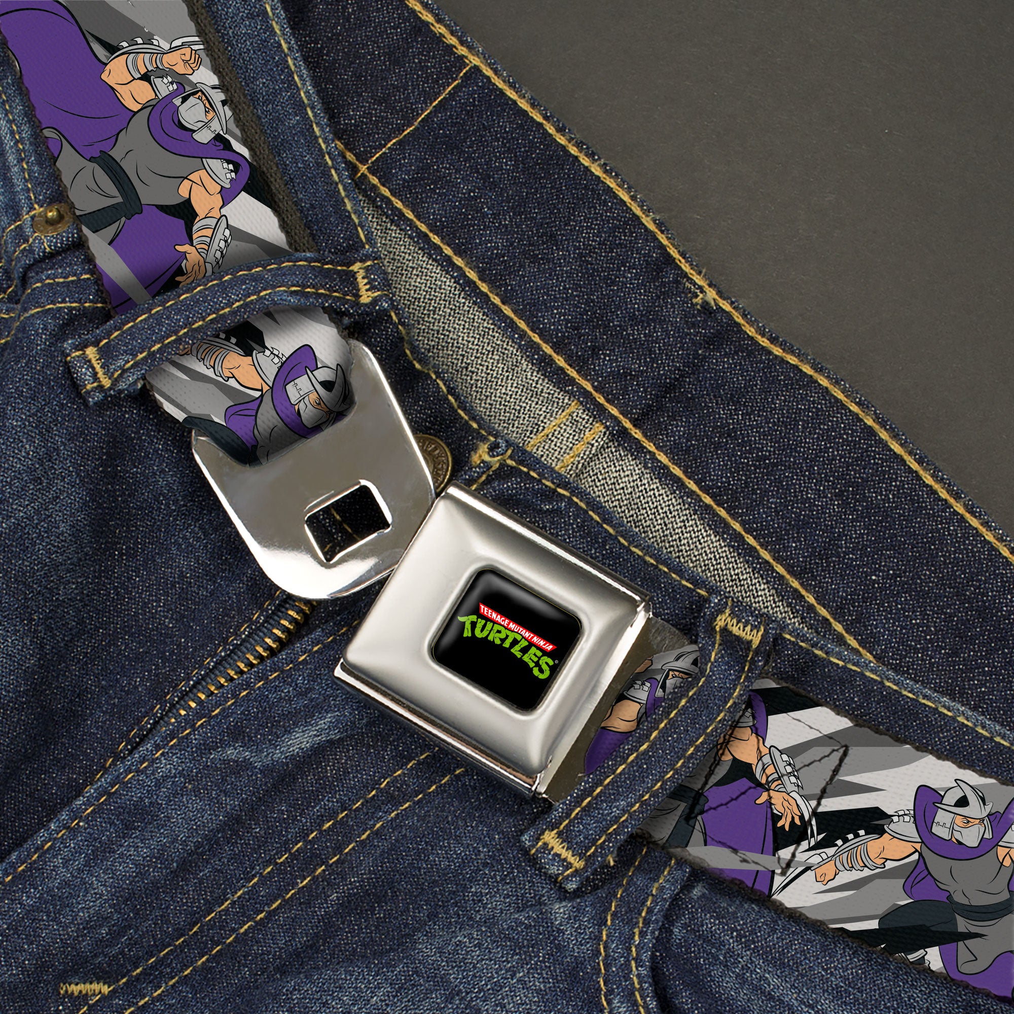 Classic TMNT Logo Full Color Seatbelt Belt - Teenage Mutant Ninja Turtles Shredder Action Poses Grays/Purple Webbing Seatbelt Belts Teenage Mutant Ninja Turtles