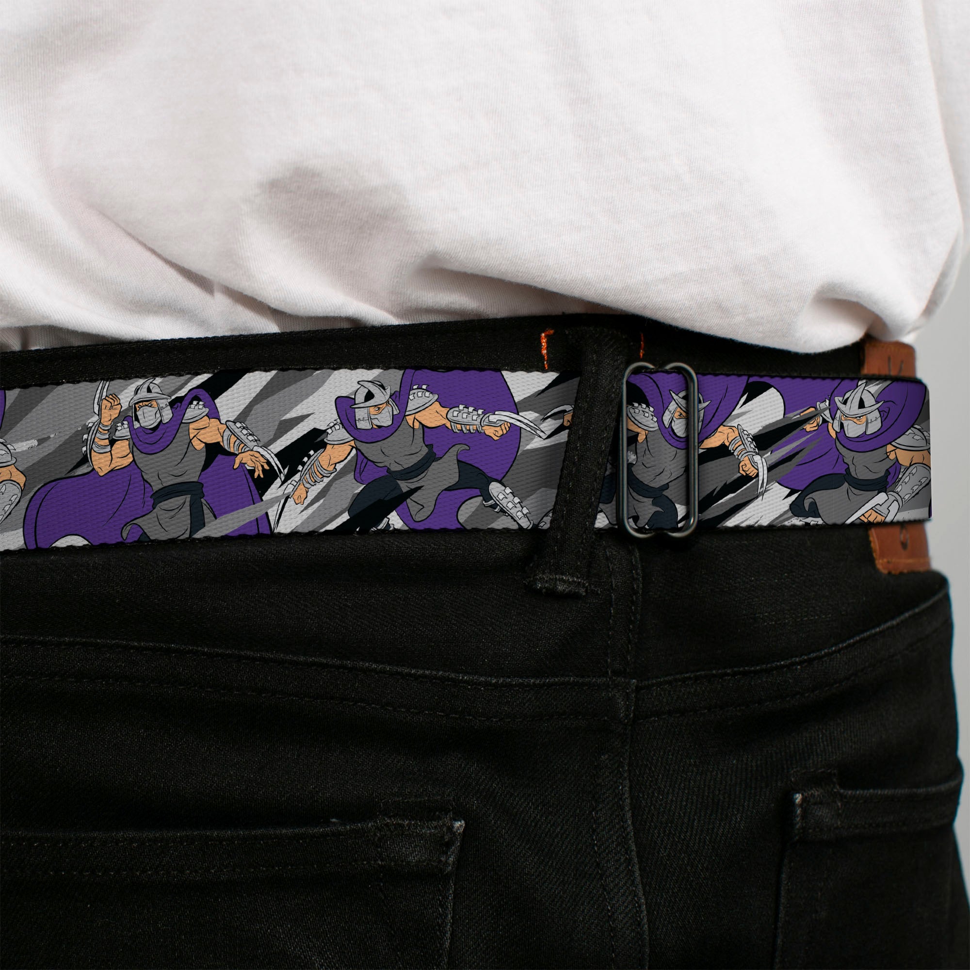 Classic TMNT Logo Full Color Seatbelt Belt - Teenage Mutant Ninja Turtles Shredder Action Poses Grays/Purple Webbing Seatbelt Belts Teenage Mutant Ninja Turtles