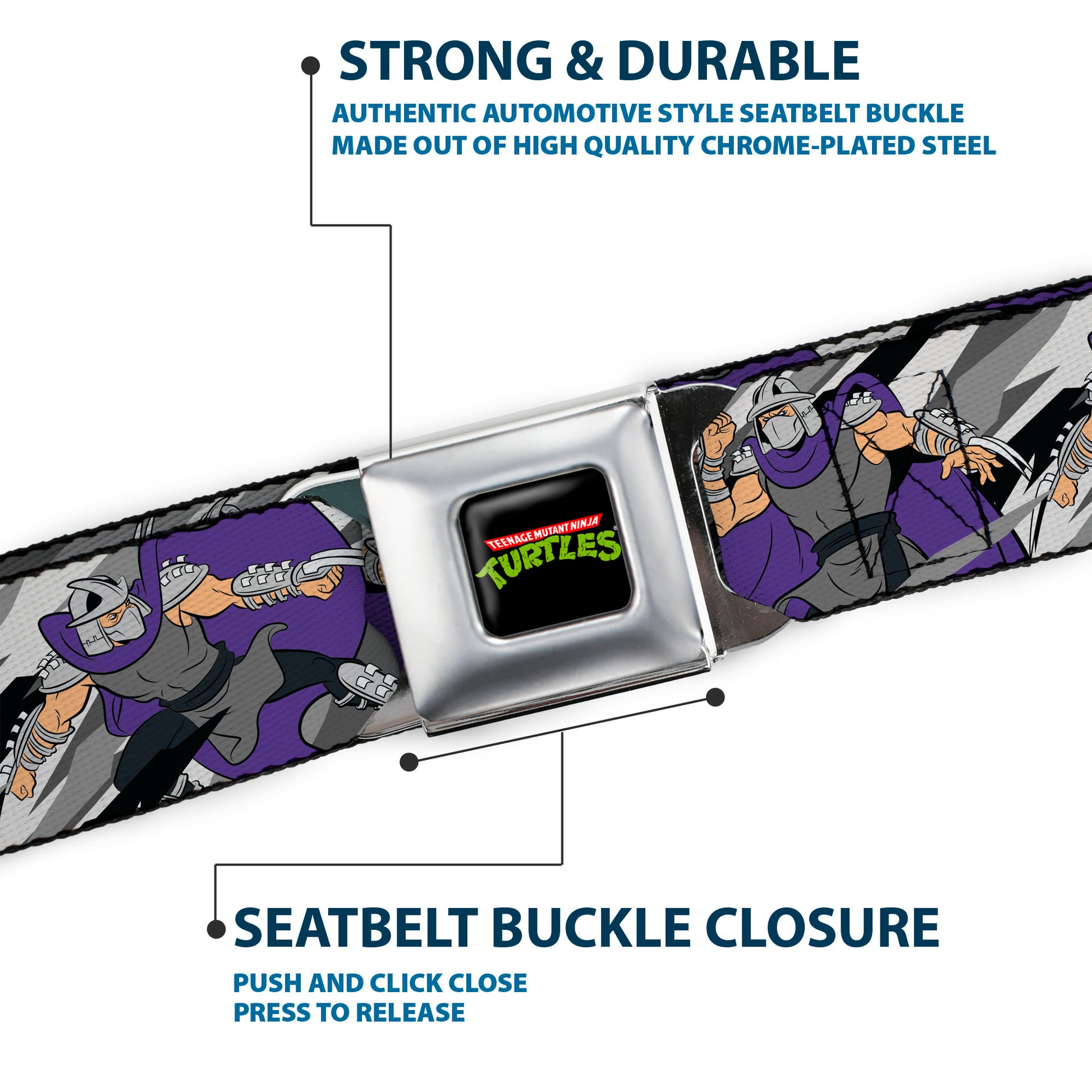 Classic TMNT Logo Full Color Seatbelt Belt - Teenage Mutant Ninja Turtles Shredder Action Poses Grays/Purple Webbing Seatbelt Belts Teenage Mutant Ninja Turtles