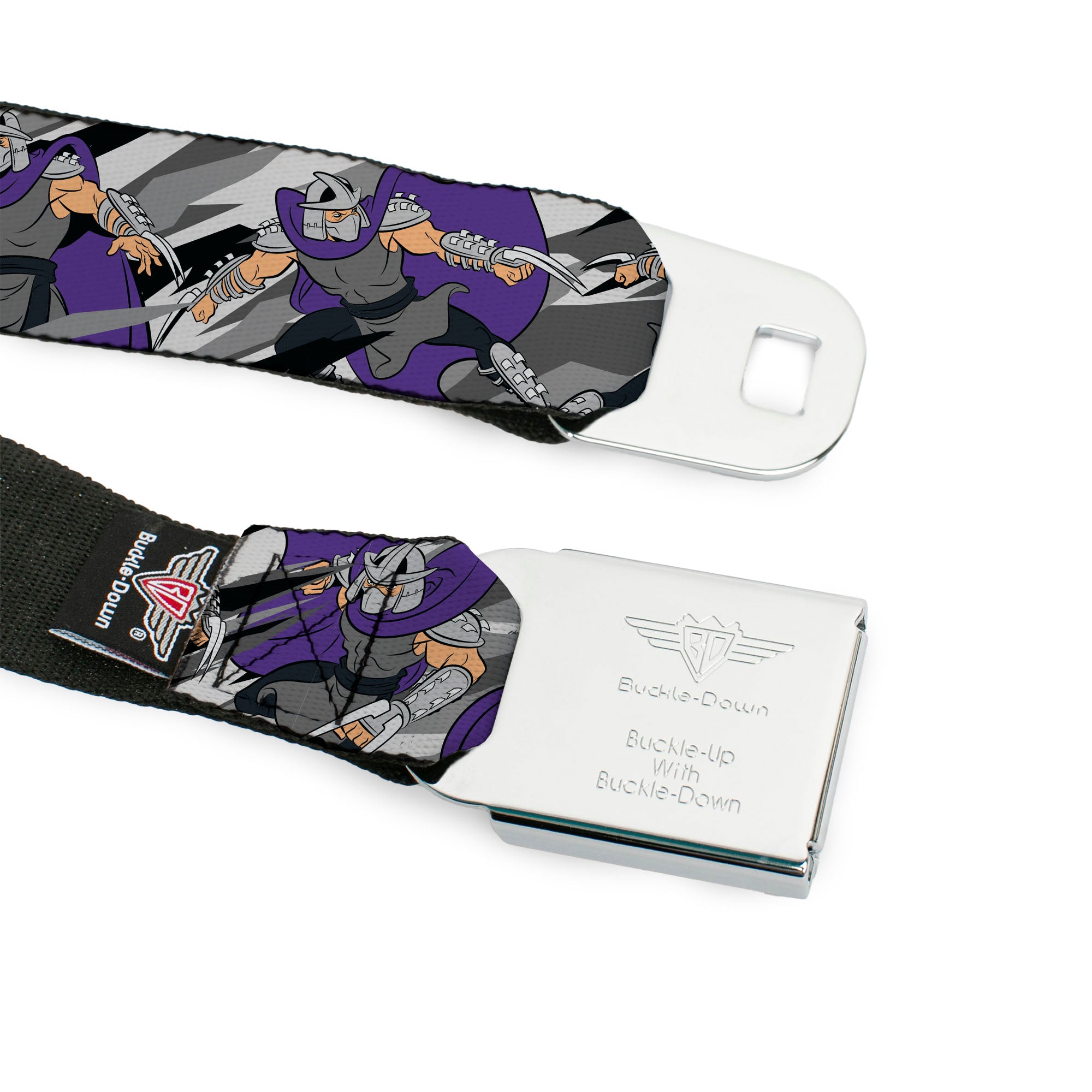 Classic TMNT Logo Full Color Seatbelt Belt - Teenage Mutant Ninja Turtles Shredder Action Poses Grays/Purple Webbing Seatbelt Belts Teenage Mutant Ninja Turtles