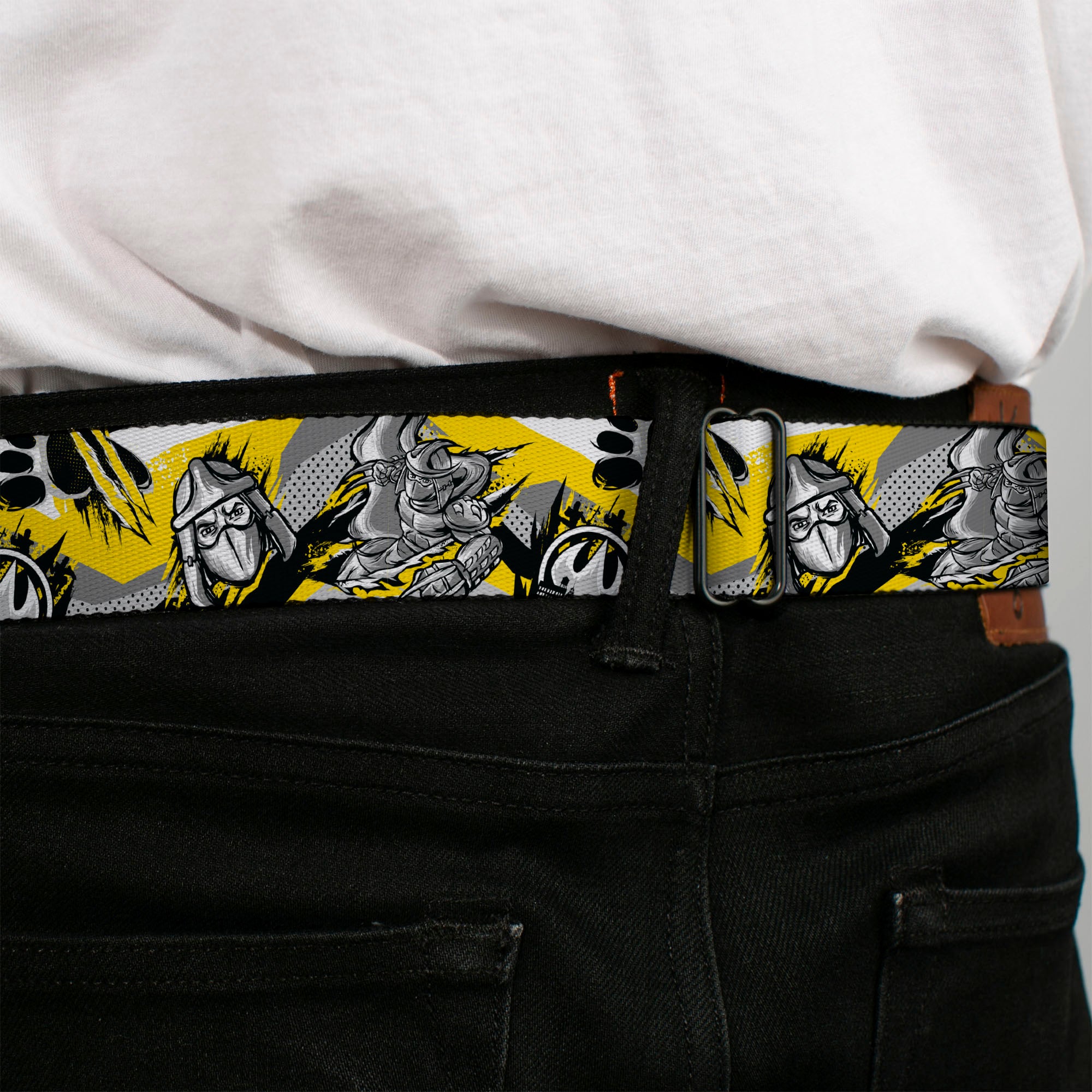 Classic TMNT Logo Full Color Seatbelt Belt - Teenage Mutant Ninja Turtles Shredder Pose and Icons Grays/Yellow Webbing Seatbelt Belts Teenage Mutant Ninja Turtles