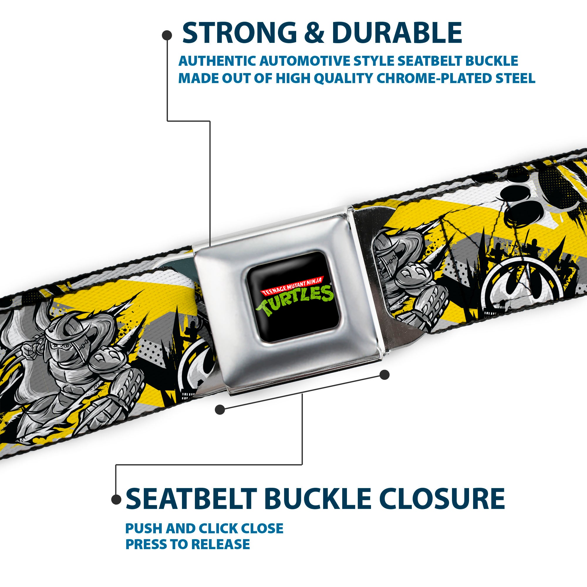 Classic TMNT Logo Full Color Seatbelt Belt - Teenage Mutant Ninja Turtles Shredder Pose and Icons Grays/Yellow Webbing Seatbelt Belts Teenage Mutant Ninja Turtles
