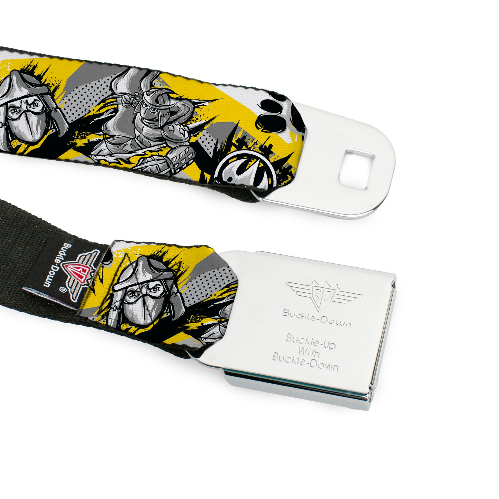Classic TMNT Logo Full Color Seatbelt Belt - Teenage Mutant Ninja Turtles Shredder Pose and Icons Grays/Yellow Webbing Seatbelt Belts Teenage Mutant Ninja Turtles