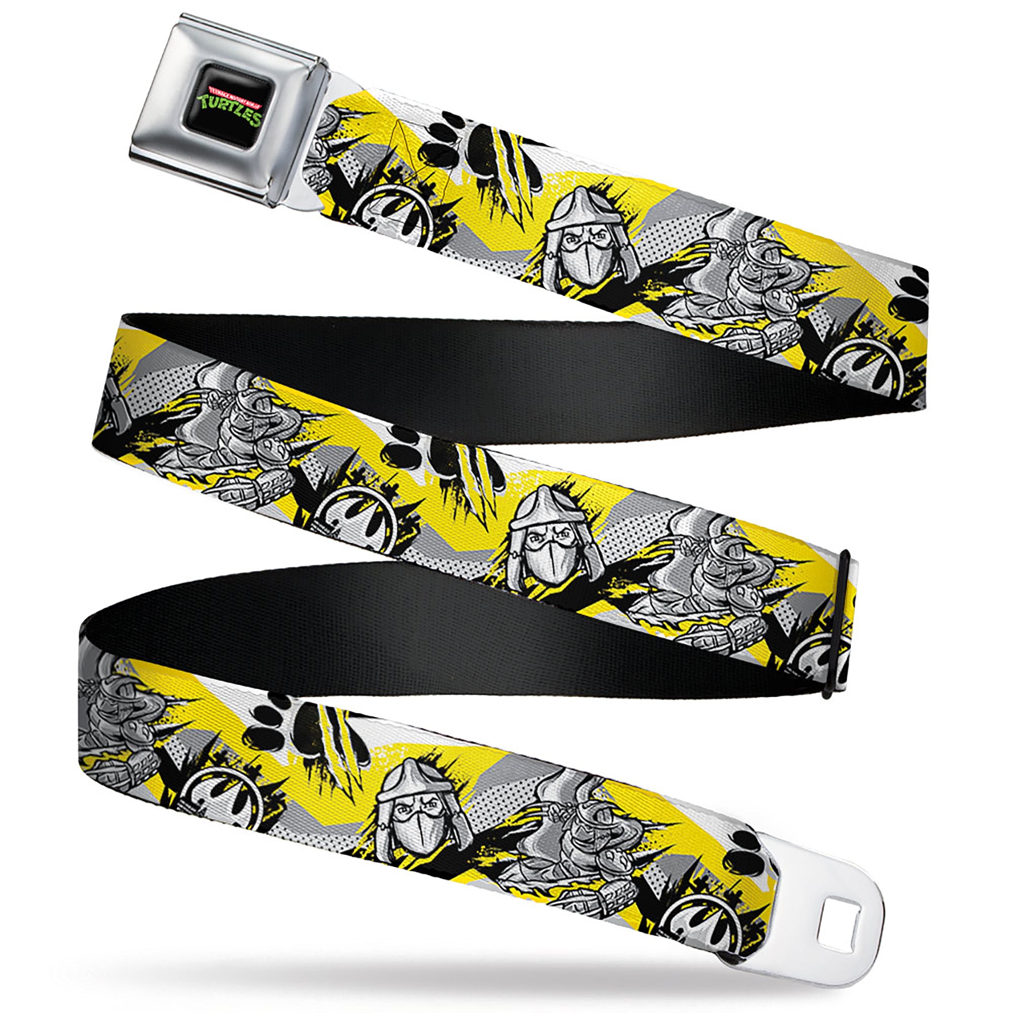 Classic TMNT Logo Full Color Seatbelt Belt - Teenage Mutant Ninja Turtles Shredder Pose and Icons Grays/Yellow Webbing Seatbelt Belts Teenage Mutant Ninja Turtles