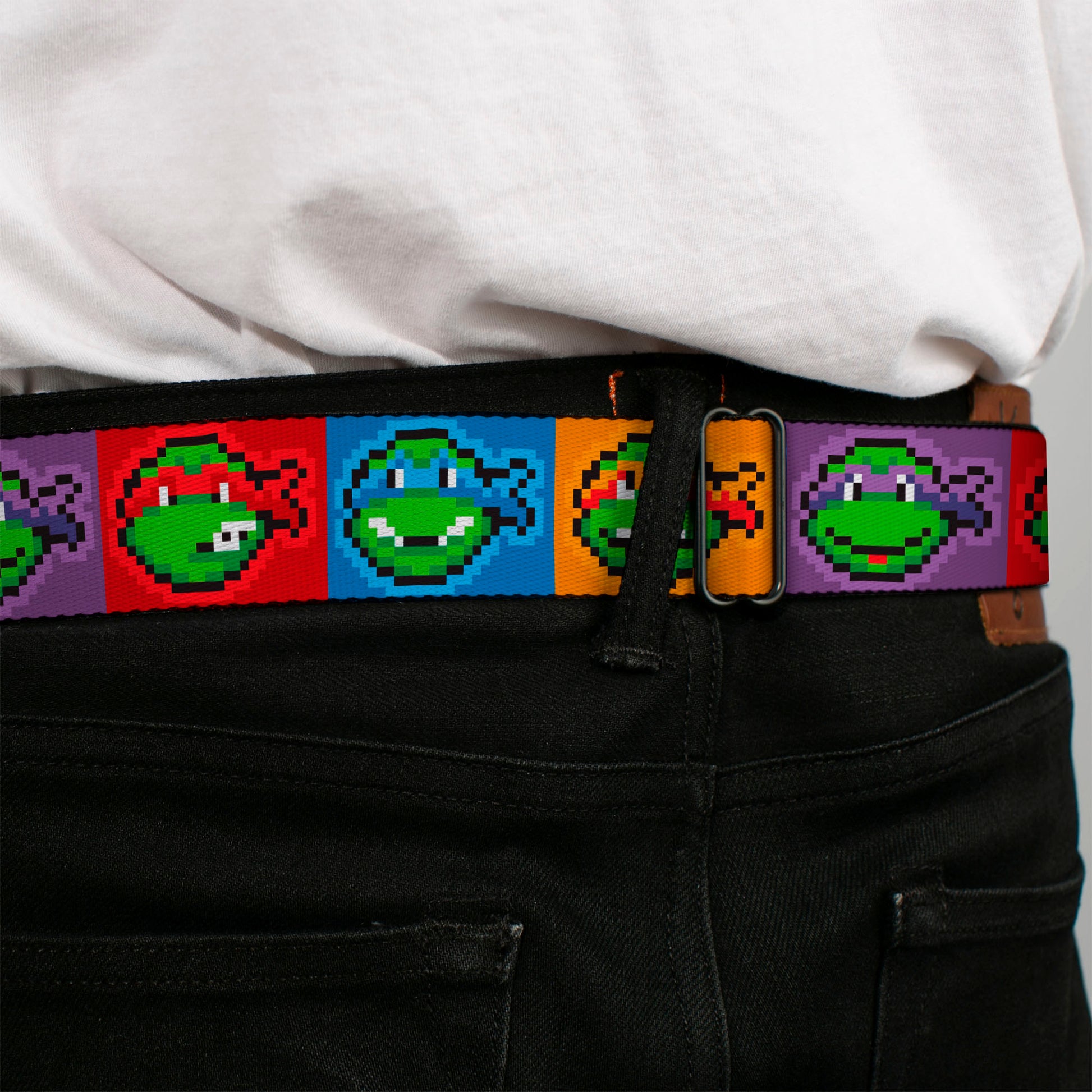 TMNT 8-Bit Full Color Greens/Multi Color Seatbelt Belt - Classic Teenage Mutant Ninja Turtles 8-Bit Face Blocks Multi Color Webbing Seatbelt Belts Teenage Mutant Ninja Turtles