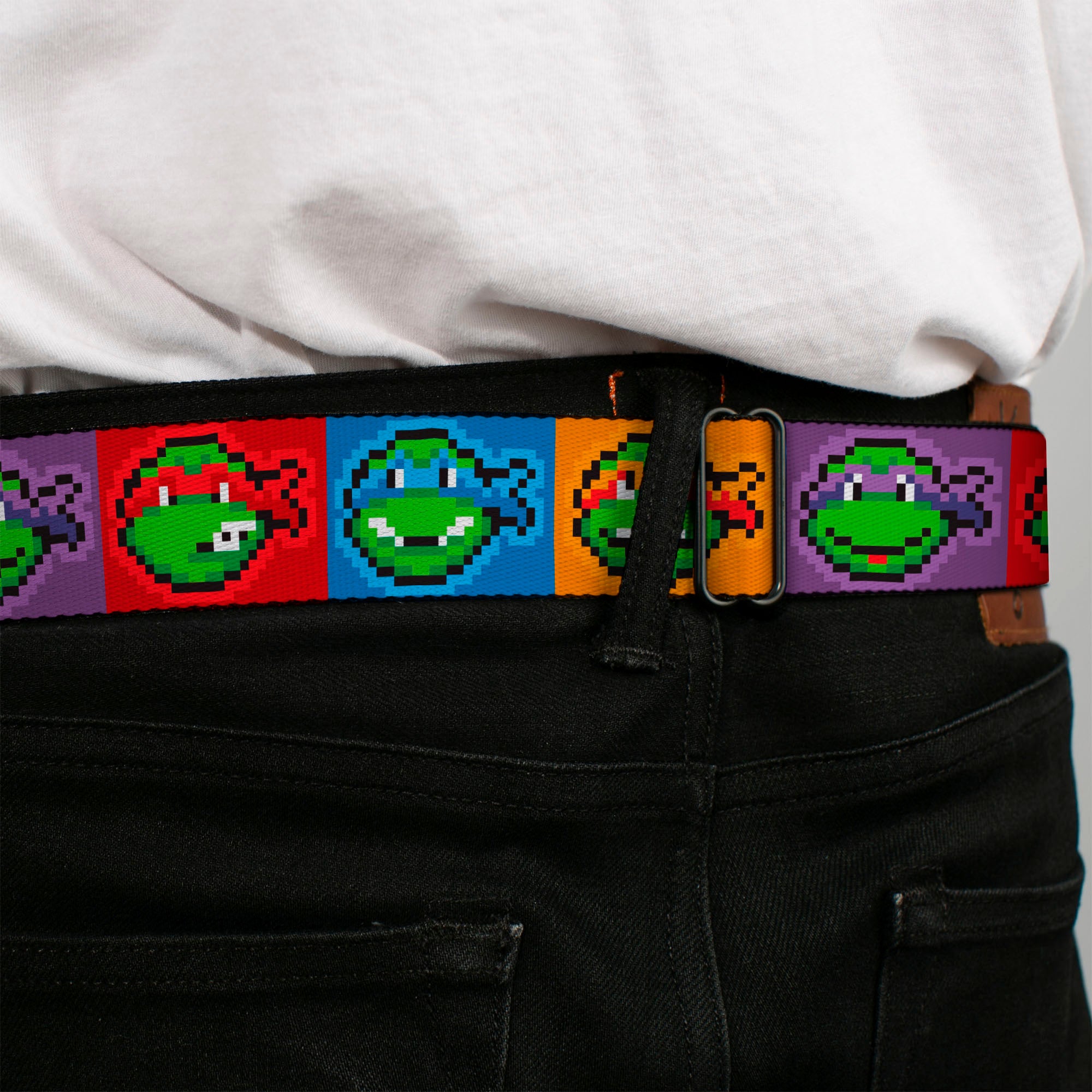 TMNT 8-Bit Full Color Greens/Multi Color Seatbelt Belt - Classic Teenage Mutant Ninja Turtles 8-Bit Face Blocks Multi Color Webbing Seatbelt Belts Teenage Mutant Ninja Turtles