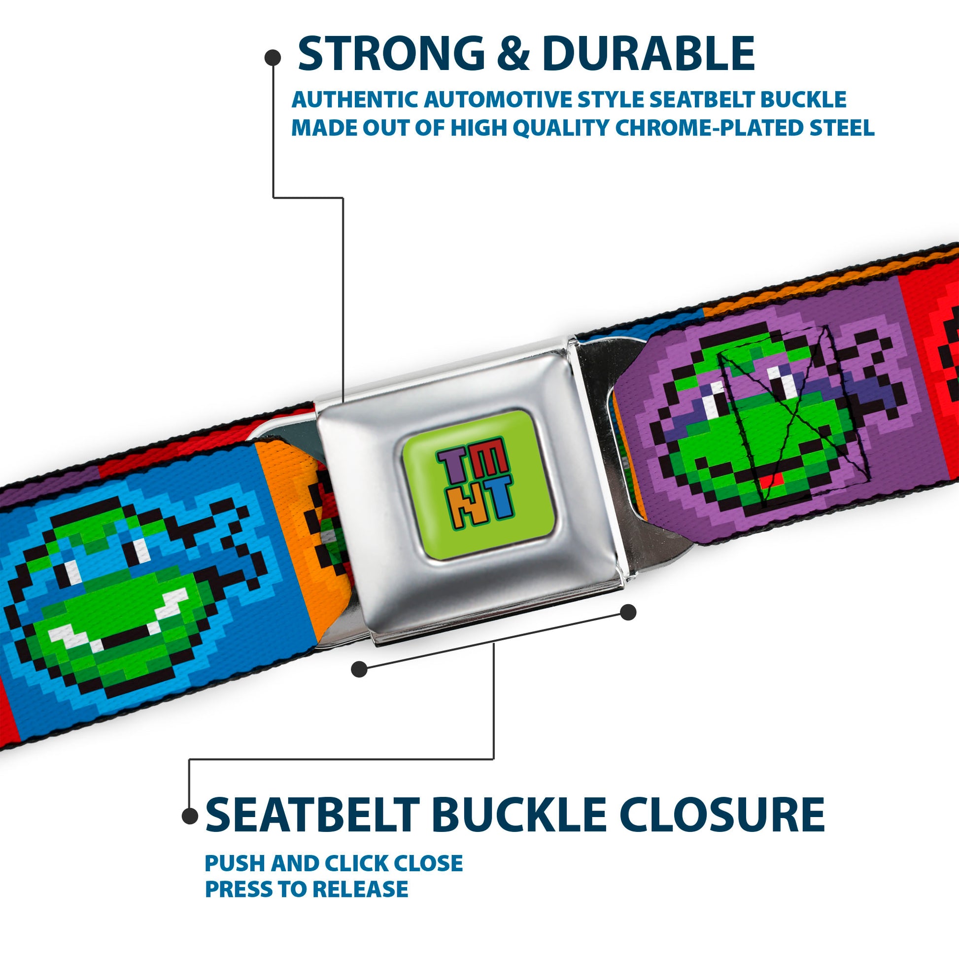 TMNT 8-Bit Full Color Greens/Multi Color Seatbelt Belt - Classic Teenage Mutant Ninja Turtles 8-Bit Face Blocks Multi Color Webbing Seatbelt Belts Teenage Mutant Ninja Turtles