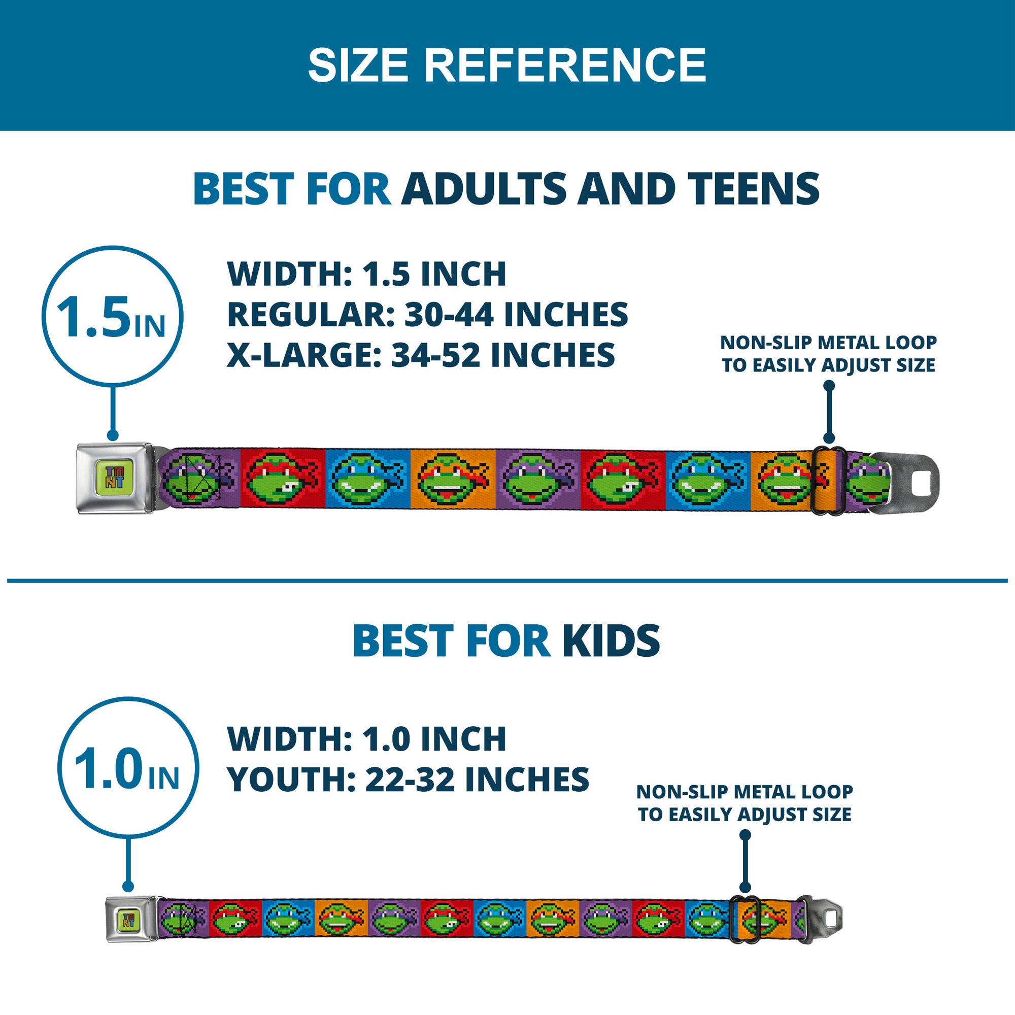 TMNT 8-Bit Full Color Greens/Multi Color Seatbelt Belt - Classic Teenage Mutant Ninja Turtles 8-Bit Face Blocks Multi Color Webbing Seatbelt Belts Teenage Mutant Ninja Turtles