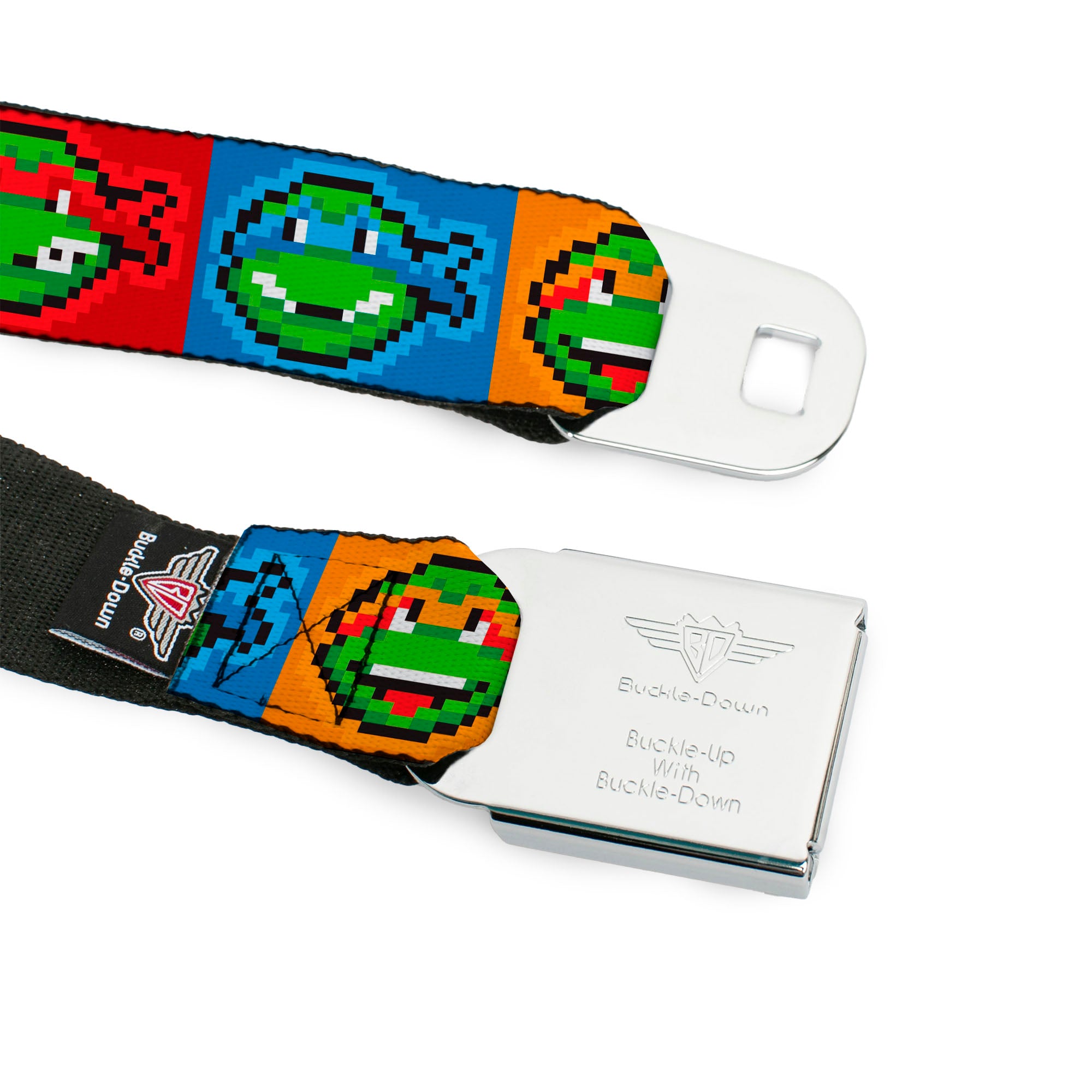TMNT 8-Bit Full Color Greens/Multi Color Seatbelt Belt - Classic Teenage Mutant Ninja Turtles 8-Bit Face Blocks Multi Color Webbing Seatbelt Belts Teenage Mutant Ninja Turtles