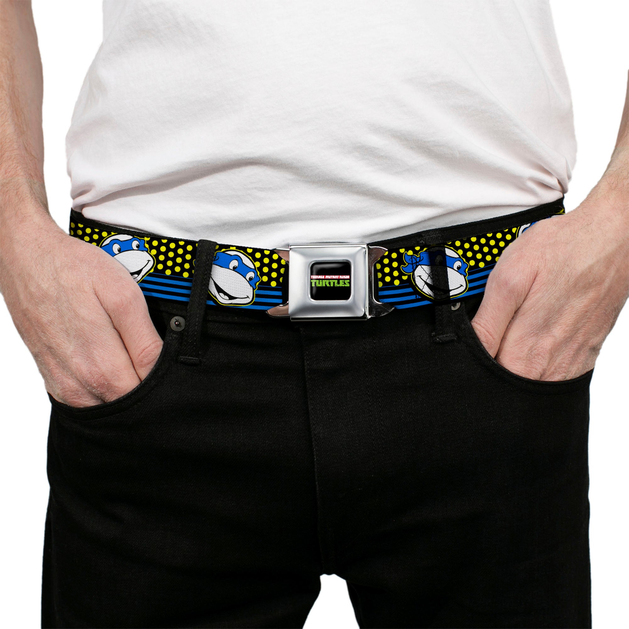 Classic TMNT Logo2 Full Color Seatbelt Belt - Classic TMNT Leonardo Expression Dots/Stripes Black/Yellow/Blue/White Webbing Seatbelt Belts Teenage Mutant Ninja Turtles